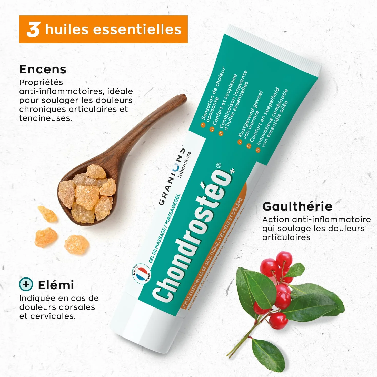 GRANIONS Chondrostéo Gel de Massage Chauffant Décontractant Musculaire Fort Articulations & Muscles Huiles Essentielles 100 ml