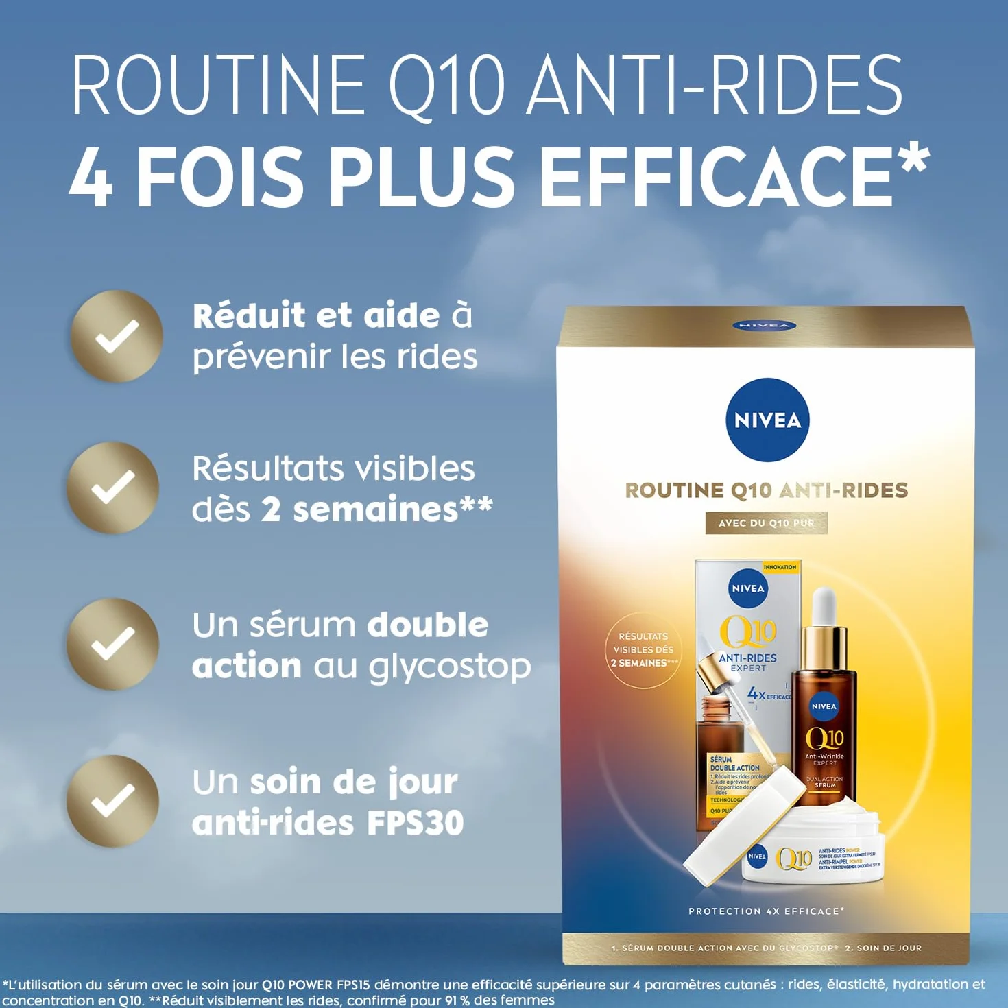 NIVEA Coffret Soin Visage Anti-Âge Q10 Anti-Rides Sérum Double Action 30 ml + Soin de Jour Anti-Rides & Fermeté 50 ml