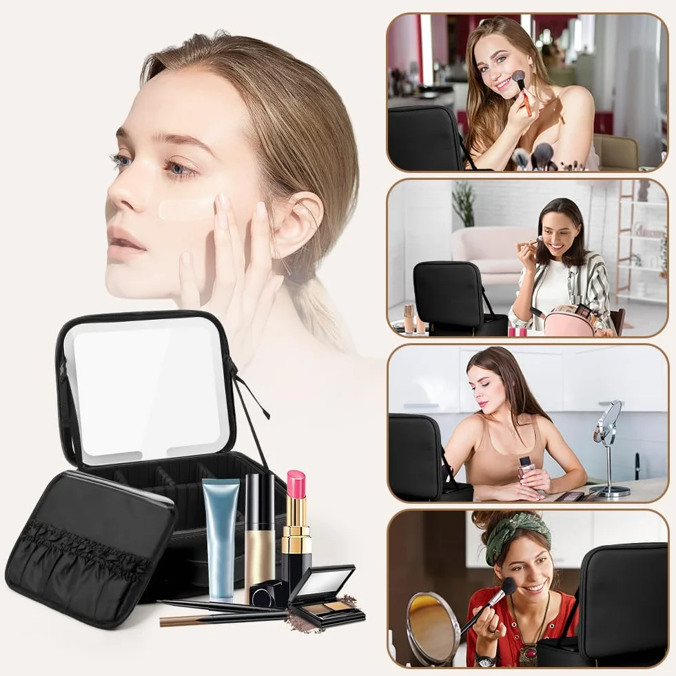 Trousse de Maquillage avec Miroir Lumière LED 3 Couleurs, Séparateurs Réglables, Voyage Portable Grande Capacité, Noir