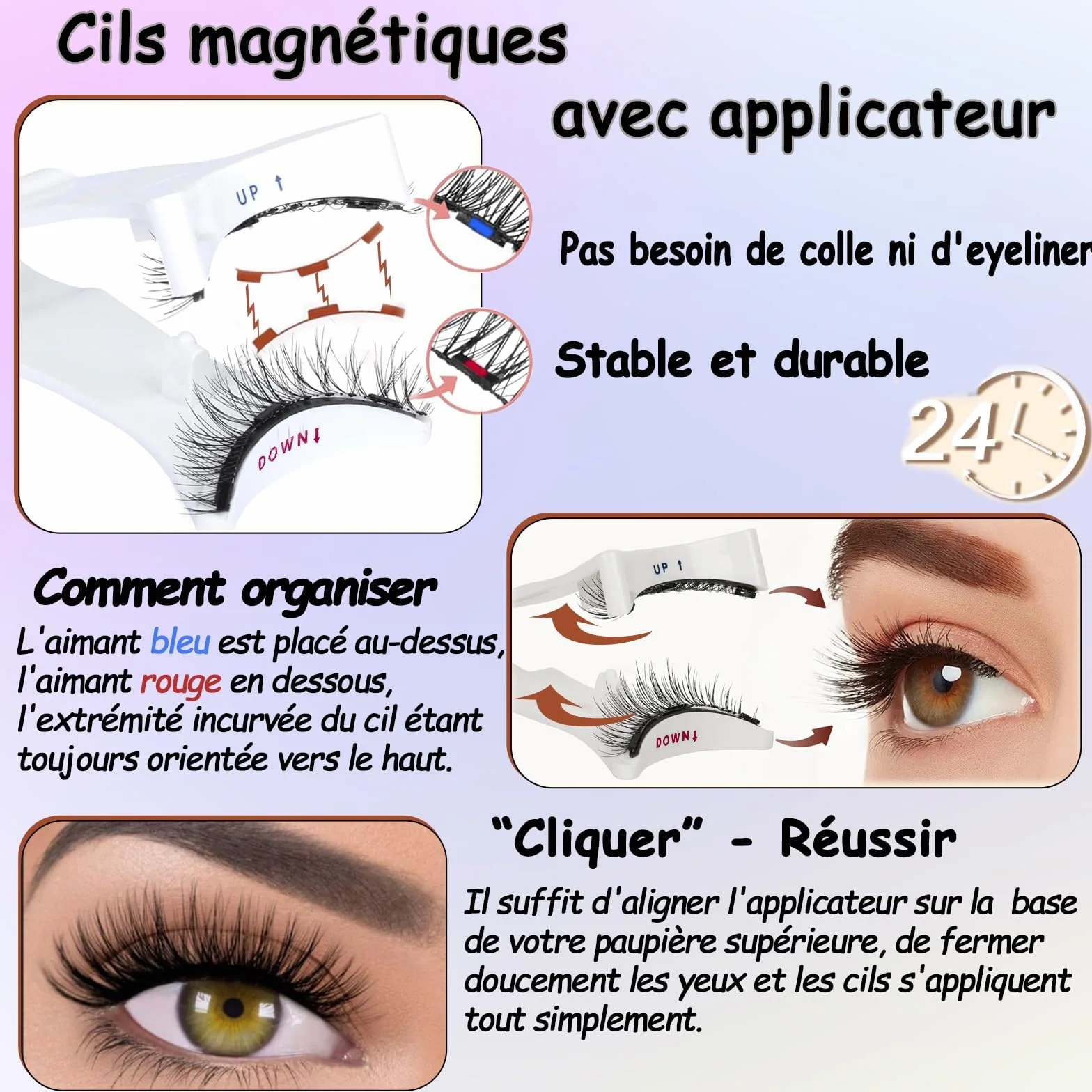 Faux Cils Magnétique 3 Paires Naturel 3D Waterproof Réutilisables avec Applicateur