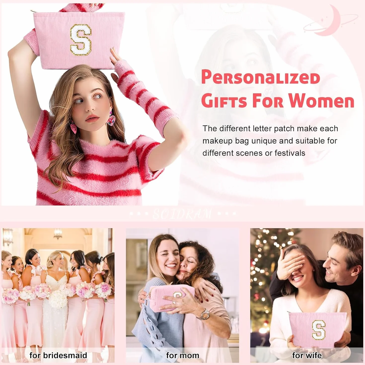 Pochette Cosmétique Rose en Velours Côtelé avec Initiales, Sac à Cosmétiques Grande Capacité Trousse de Toilette de Voyage pour Femmes Filles Cadeaux