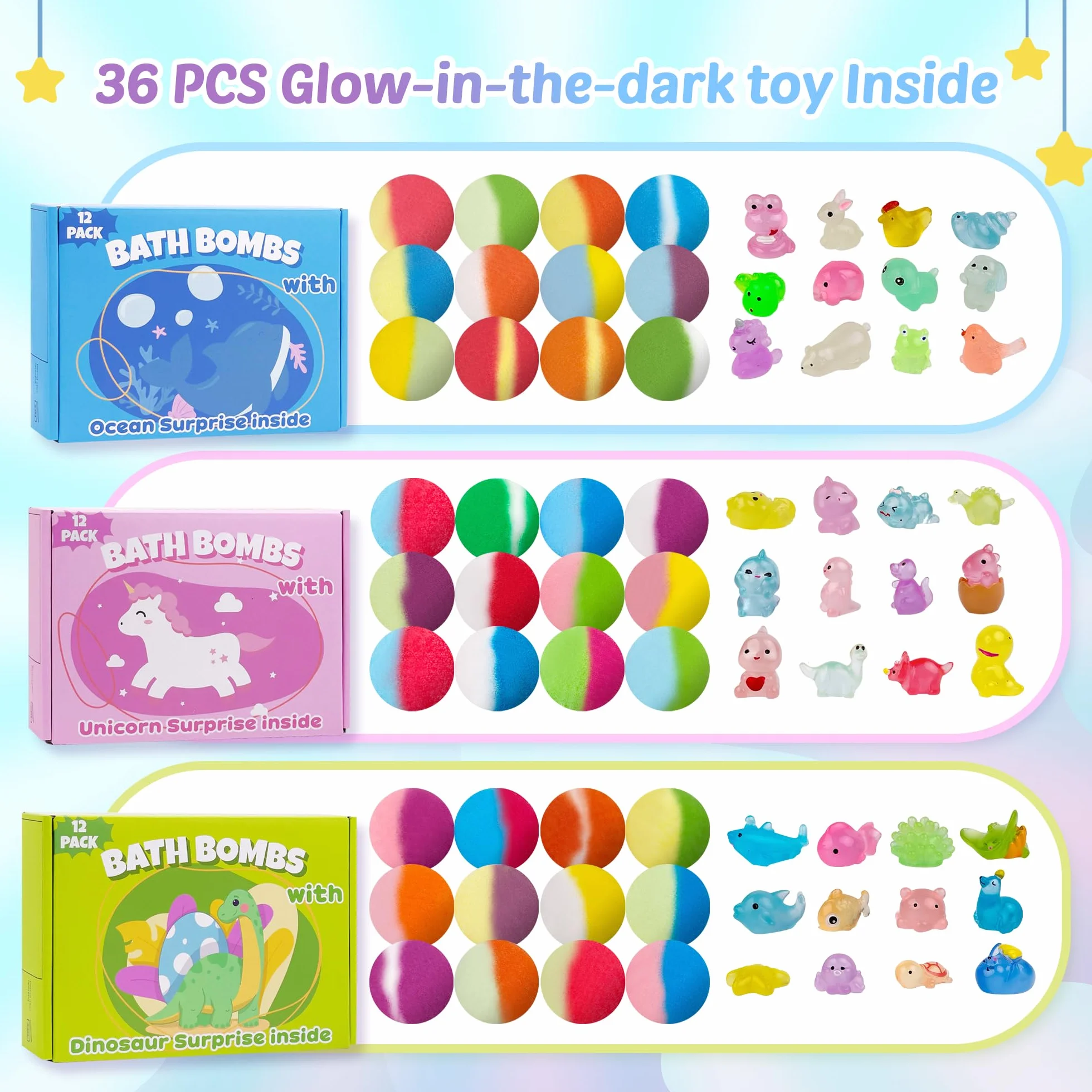 Bombes de bain bio pour enfants avec jouet surprise phosphorescent, 36 boules moussantes faites à la main, coffret cadeau anniversaire Pâques Noël