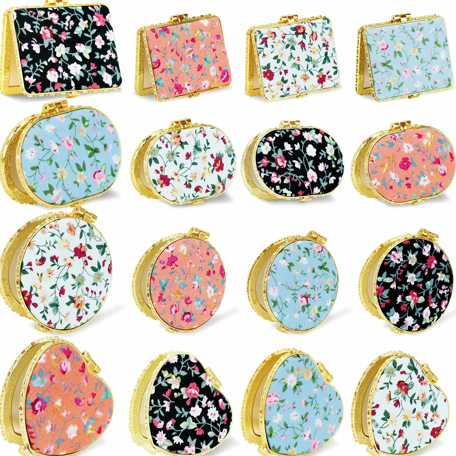 Lot de 32 Miroirs Compacts Vintage à Motif Floral, Mini Miroirs de Poche Double Face Pliables avec Bordure Dorée, Miroir de Maquillage Portable pour Femme, Cadeaux pour Mariage, Voyage, Fête et Invité