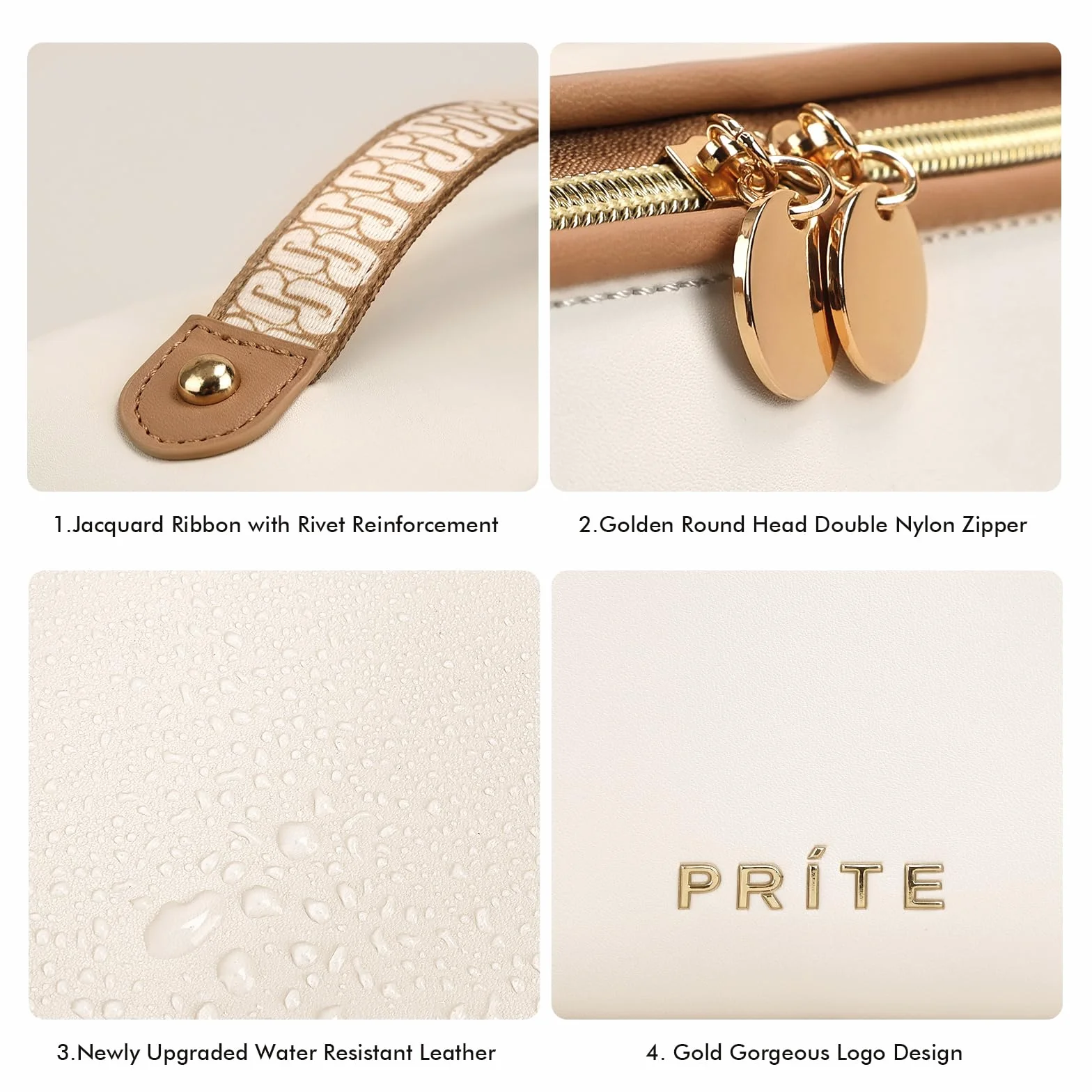 Prite Trousse de Maquillage en Cuir PU Imperméable pour Voyage avec Séparateur Transparent et Poignée Beige