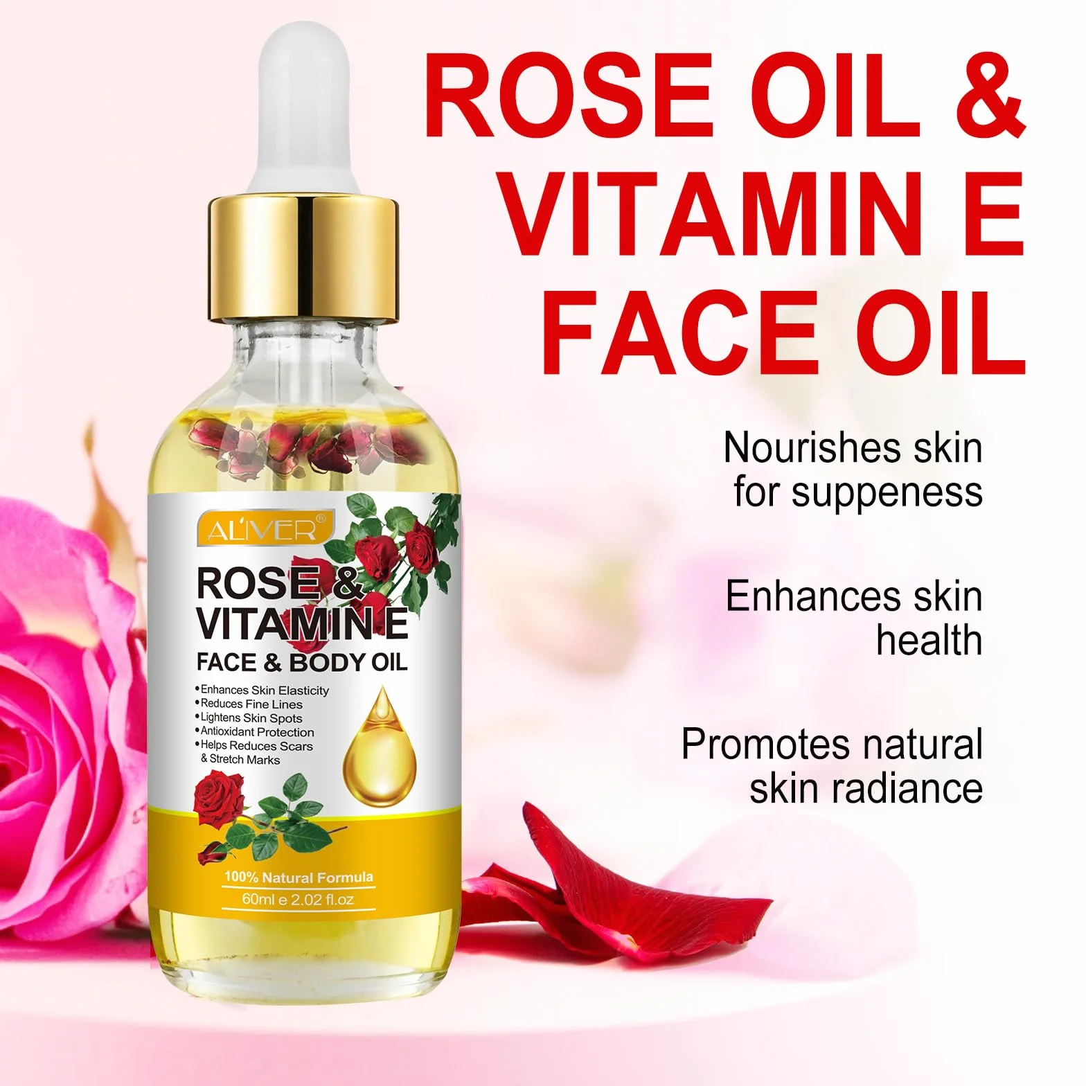Huile de vitamine E 60ml, huile de rose naturelle pour peau, visage, cheveux et cuticules (2 bouteilles)