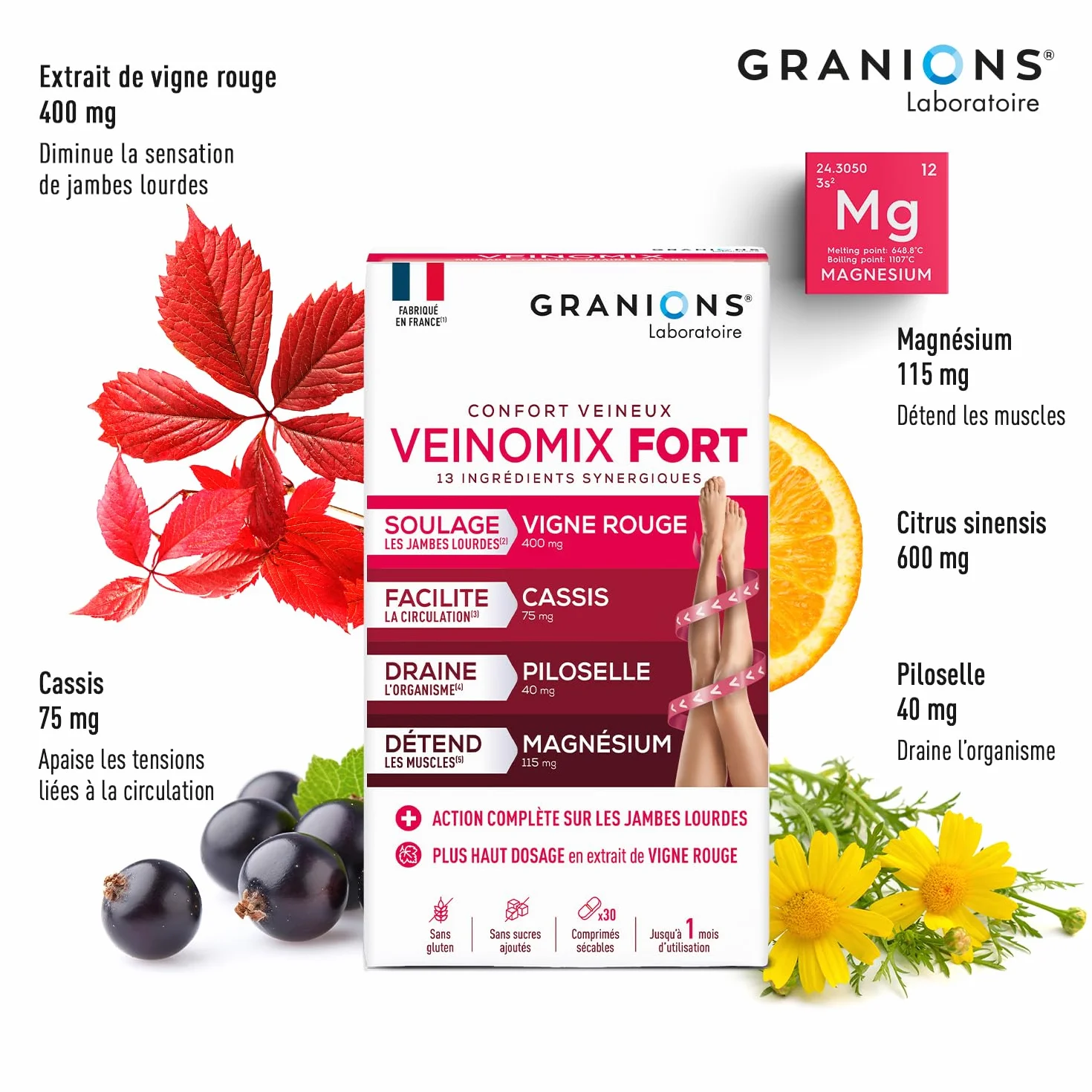 GRANIONS VEINOMIX FORT 30 comprimés Circulation Sanguine Jambes Lourdes Rétention d'Eau Vigne Rouge