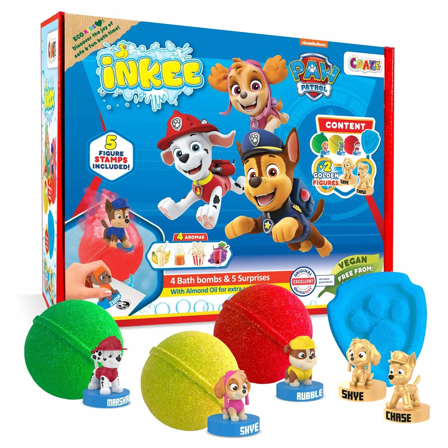 INKEE Coffret de bain PAT PATROUILLE - Set de bain avec 4 boules de bain et 5 figurines Pat Patrouille, Bombes de bain surprise parfumées à l'huile d'amande douce