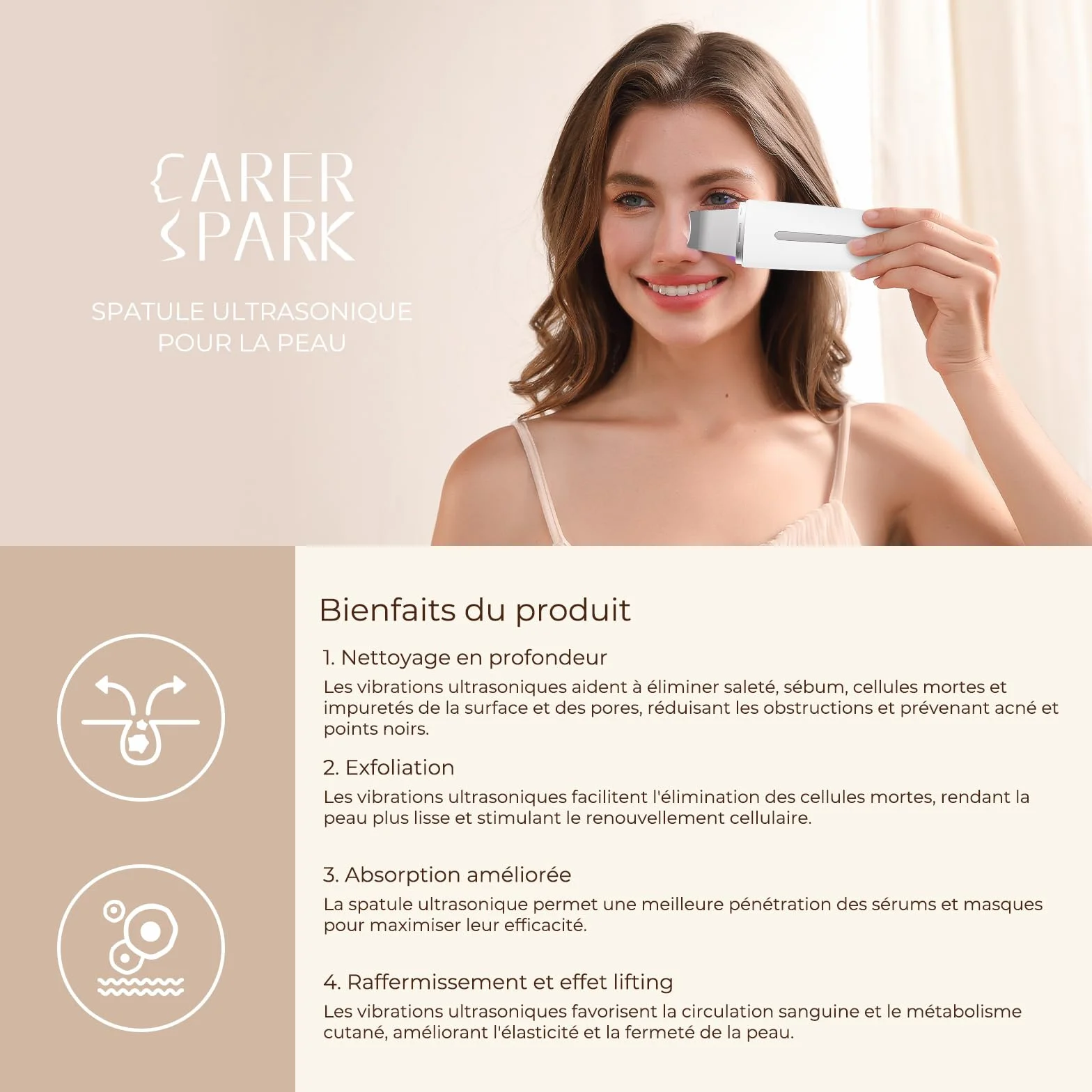 CARER SPARK Épurateur de Peau Ultrasonique - Spatule Visage à Ultrasons EMS Ions Lumière Rouge et Bleue, 4 Modes pour Nettoyage en Profondeur Élimination des Points Noirs Exfoliation Douce