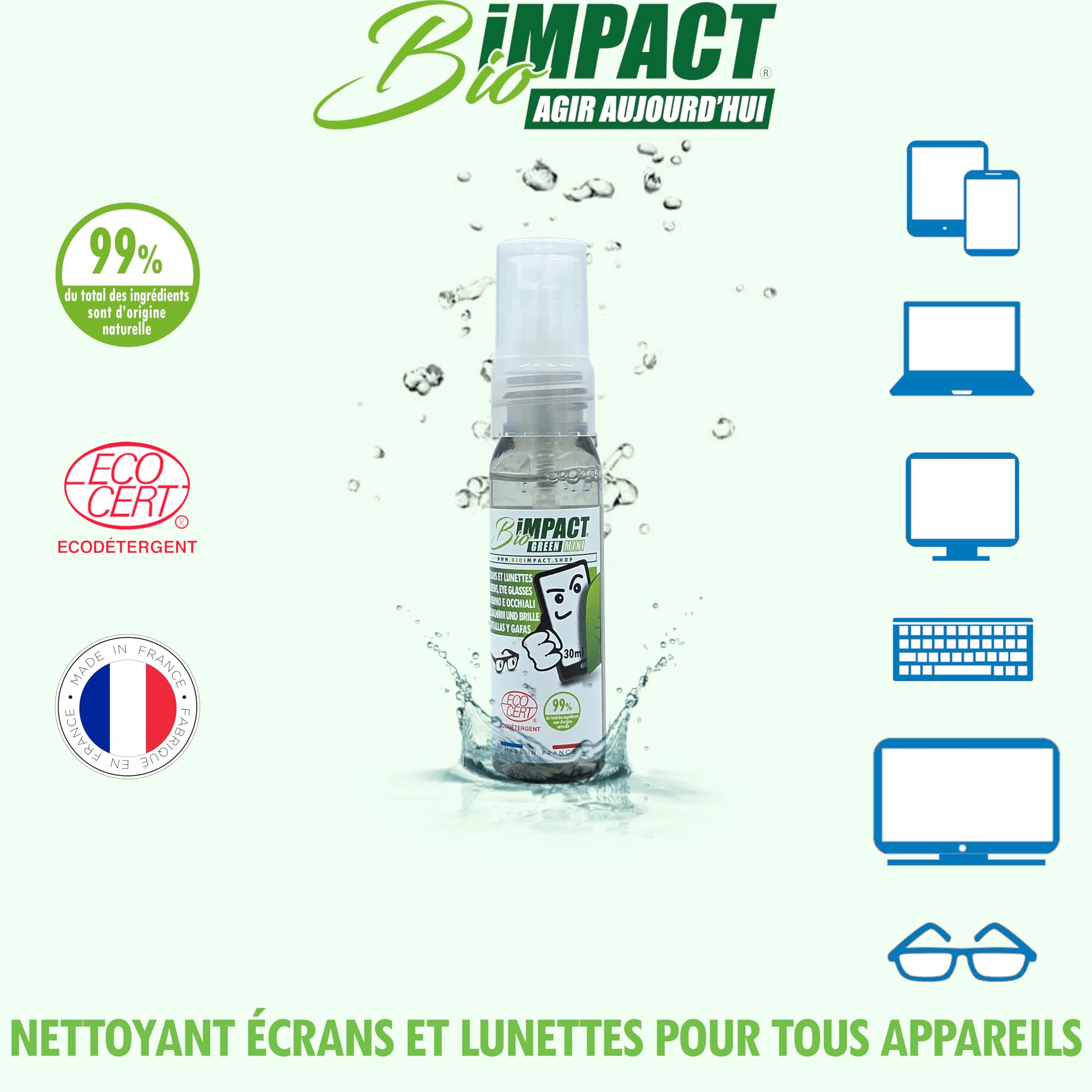 Nettoyant écran Smartphone et Lunettes 30ml 99% Naturel certifié ECOCERT