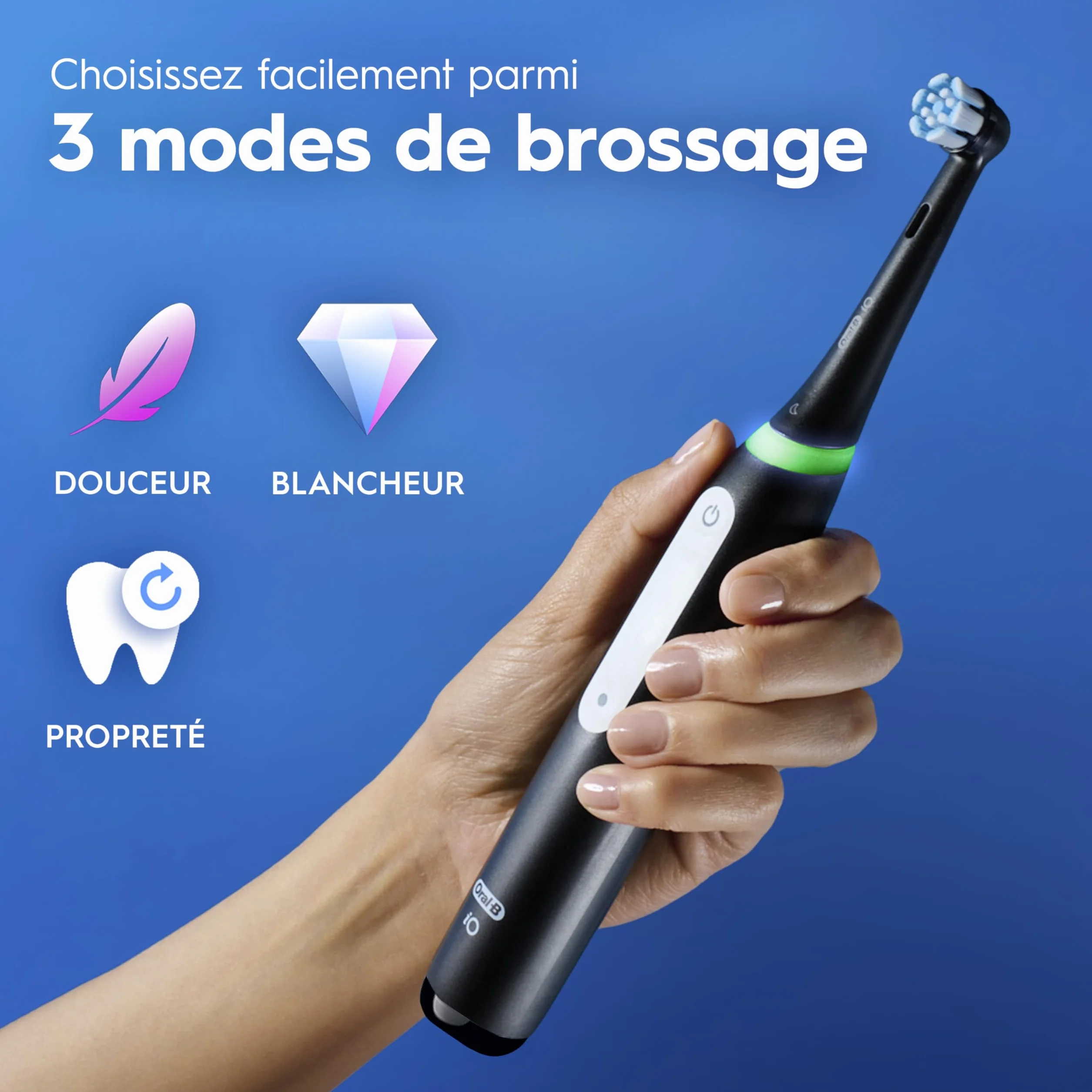 Oral-B Brosse à Dents Électrique iO 3 Noire, 3 Modes Silencieux, Capteur de Pression, Batterie Rechargeable