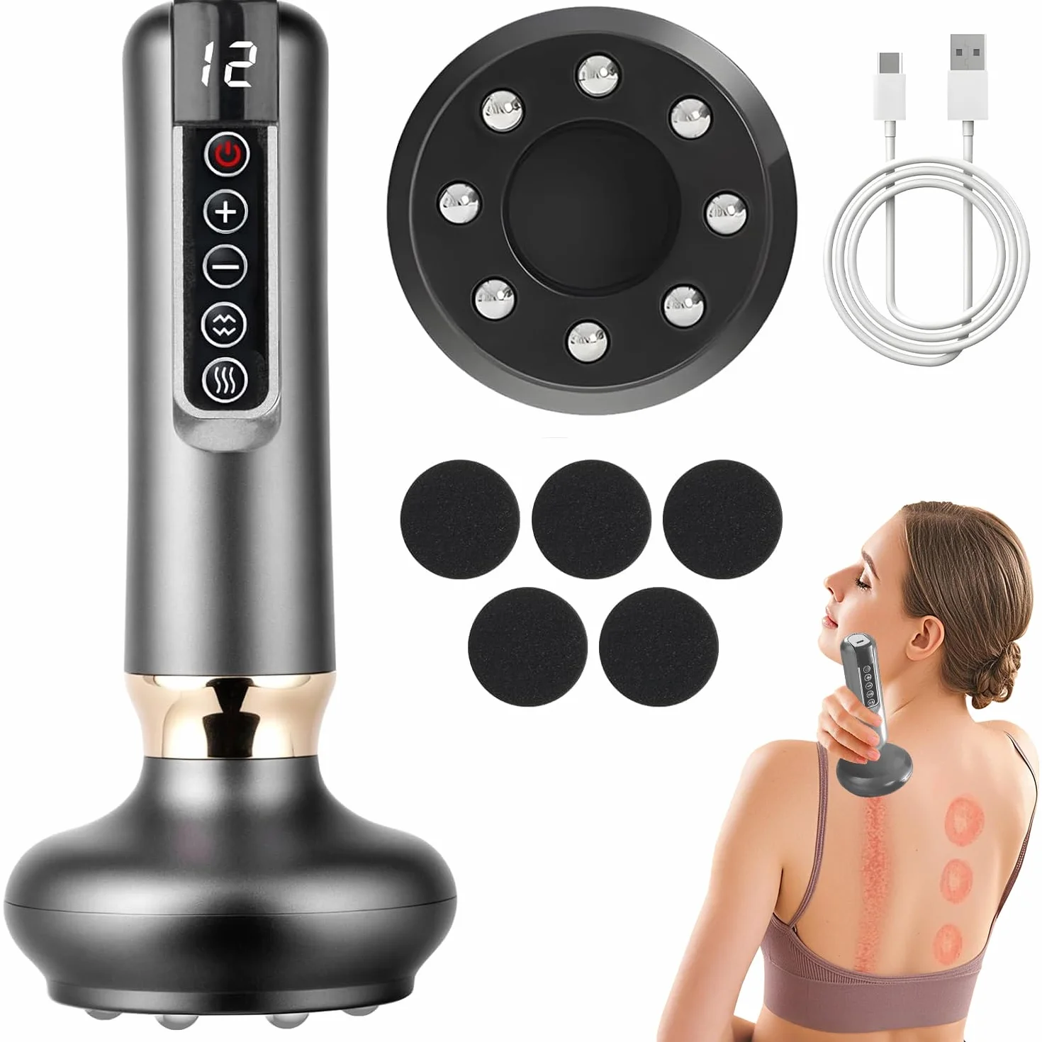 Appareil de Massage contre la Cellulite, 12 Vitesse Réglable, Appareil de Sculpture de la Cellulite pour le Corps, Ensemble de Thérapie de Suction Electrique Intelligent, Rechargeable & Sans Fil (B)