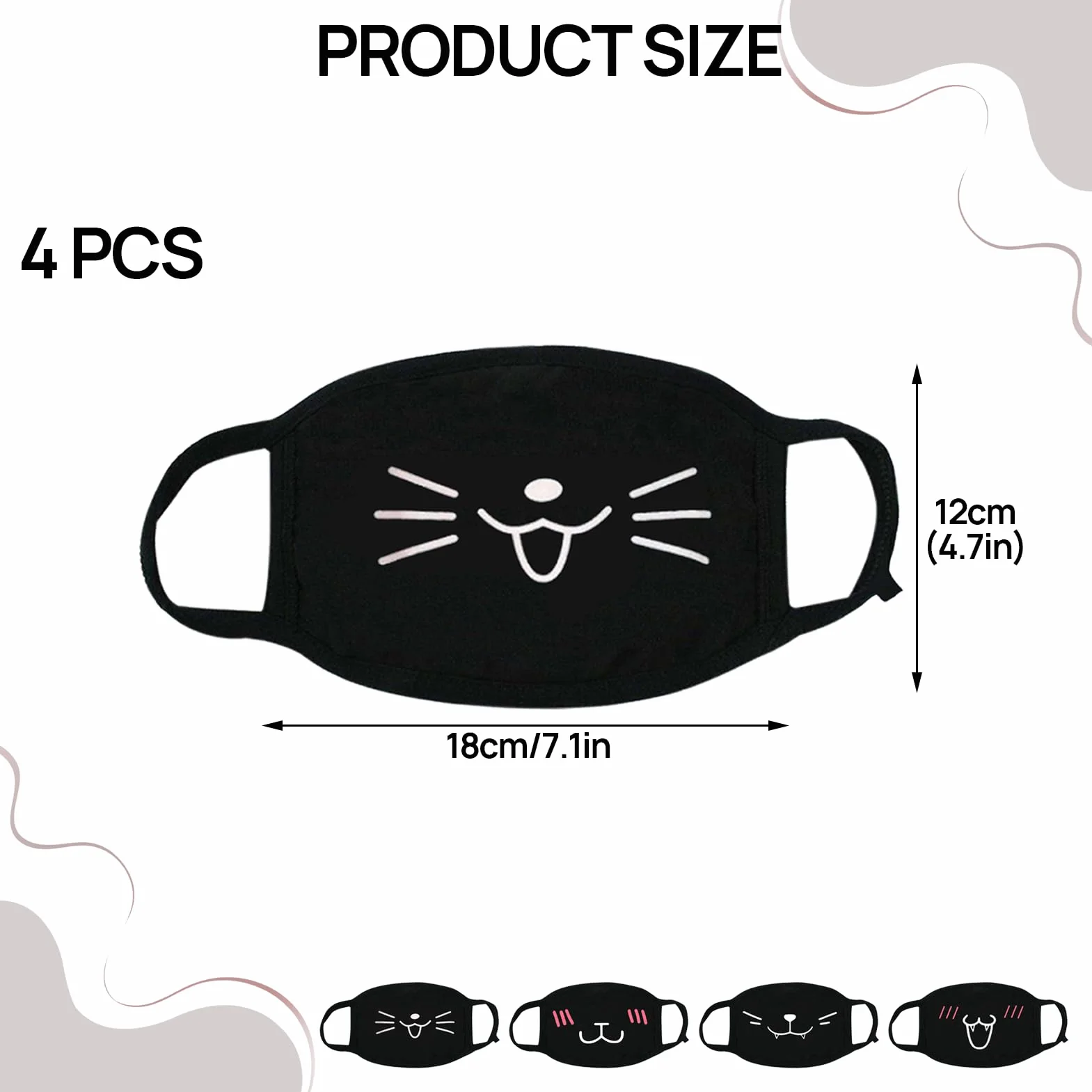 Lot De 4 Masques Faciaux Femboy Noirs Avec Motifs De Dessins Animés Anti Poussière En Coton