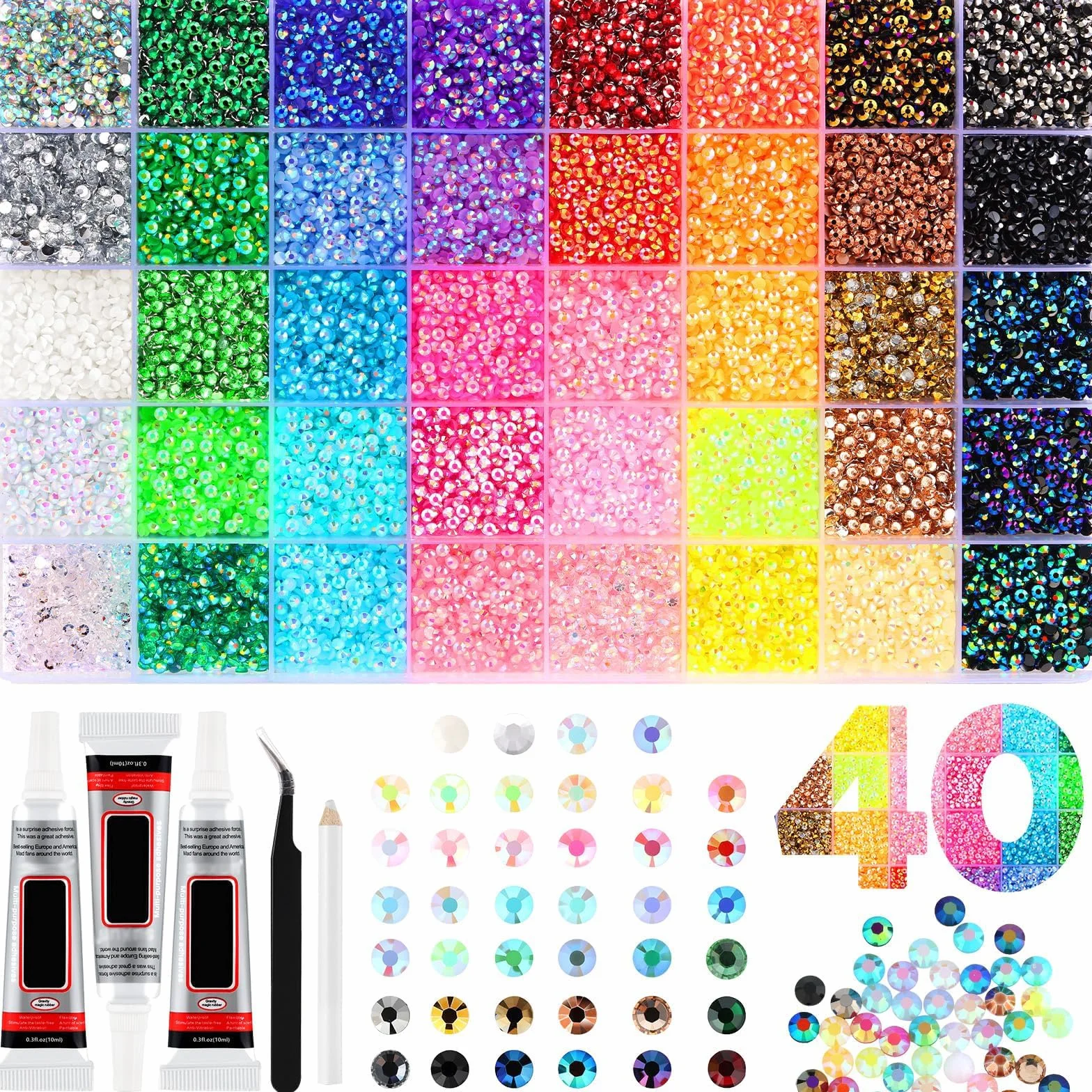 Lot de 32 000 strass en résine pour travaux manuels, 3 mm, 40 couleurs, 3 mm, kit éblouissant avec 3 pièces de colle pour vêtements, chaussures, livres et diamants