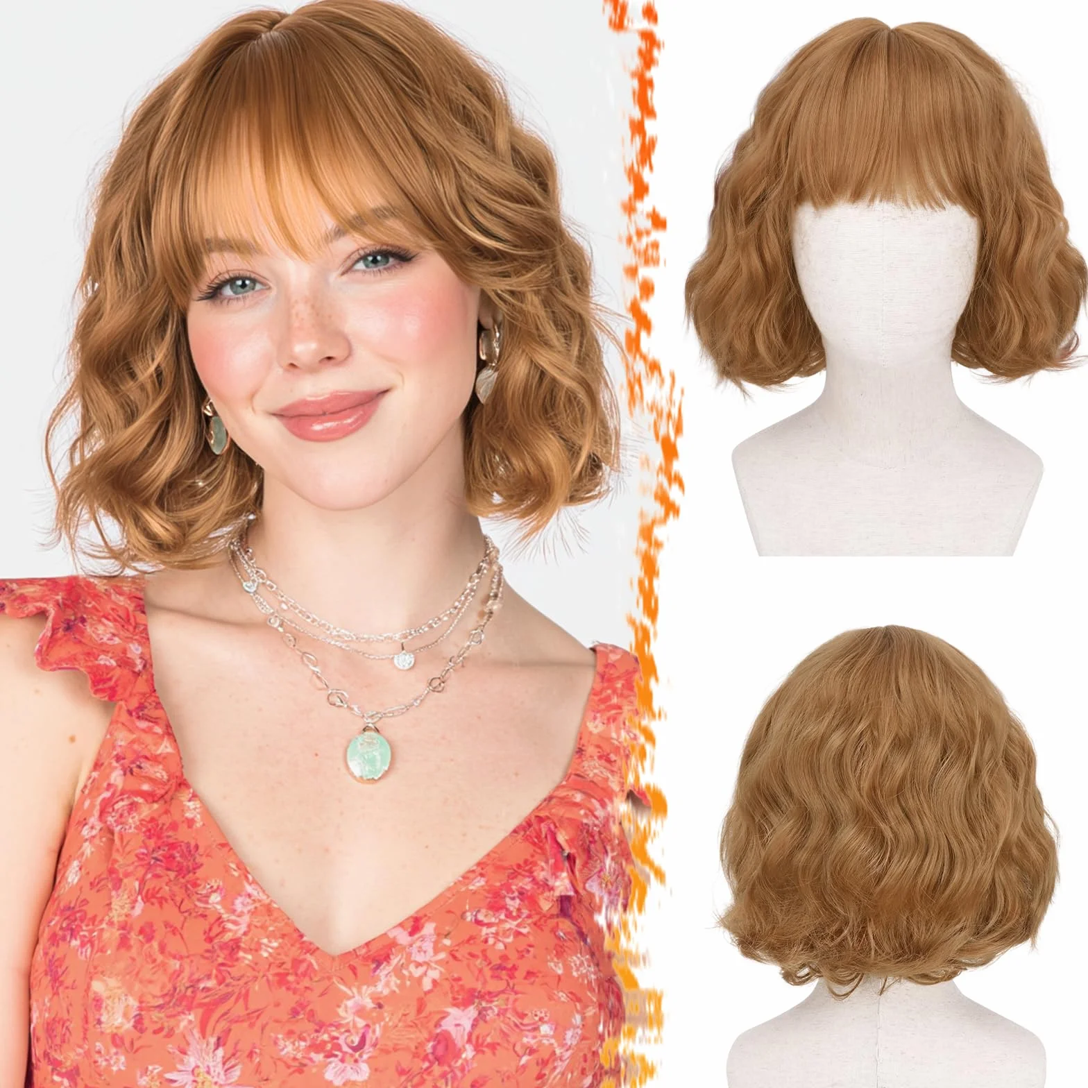 BARSDAR Courte Ondulée Perruque Gingembre Doré avec Franges, Courte Perruque Bob pour Femmes Bouclée Bob Perruques avec Franges Synthétiques D'aspect Naturel Cheveux Perruques Cosplay Utilisation
