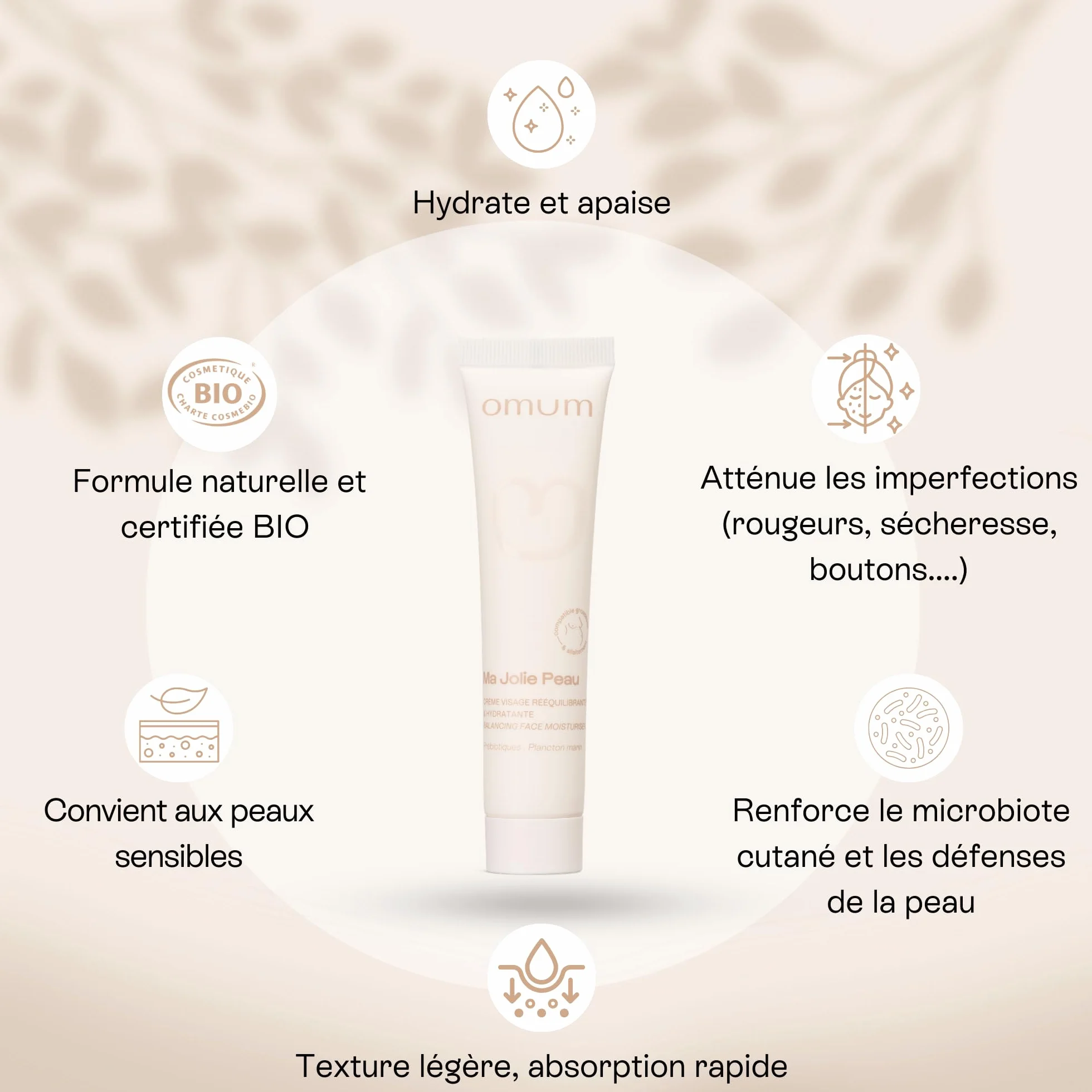 OMUM - Ma Jolie Peau - Crème visage rééquilibrante & hydratante aux prébiotiques naturels - Peaux mixtes et peaux fragilisées - Anti rougeur et anti bouton - Compatible grossesse - Vegan - 40 ml