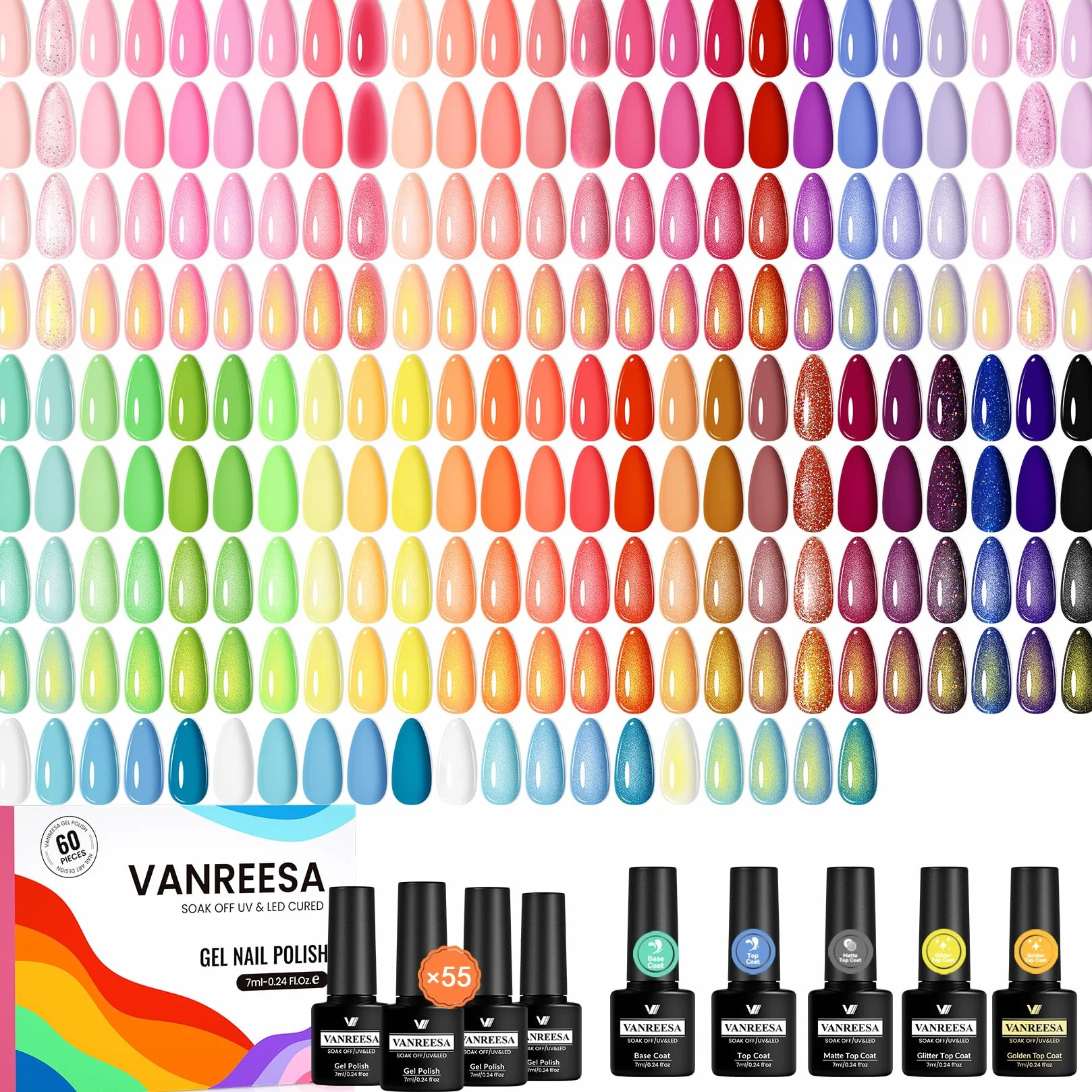 VANREESA Kit Vernis Semi Permanent, 55 Couleurs 60Pcs Vernis Semi Permanent Kit Ongle Gel UV Complet avec Base Top Coat Mat, Cadeau pour Femmes