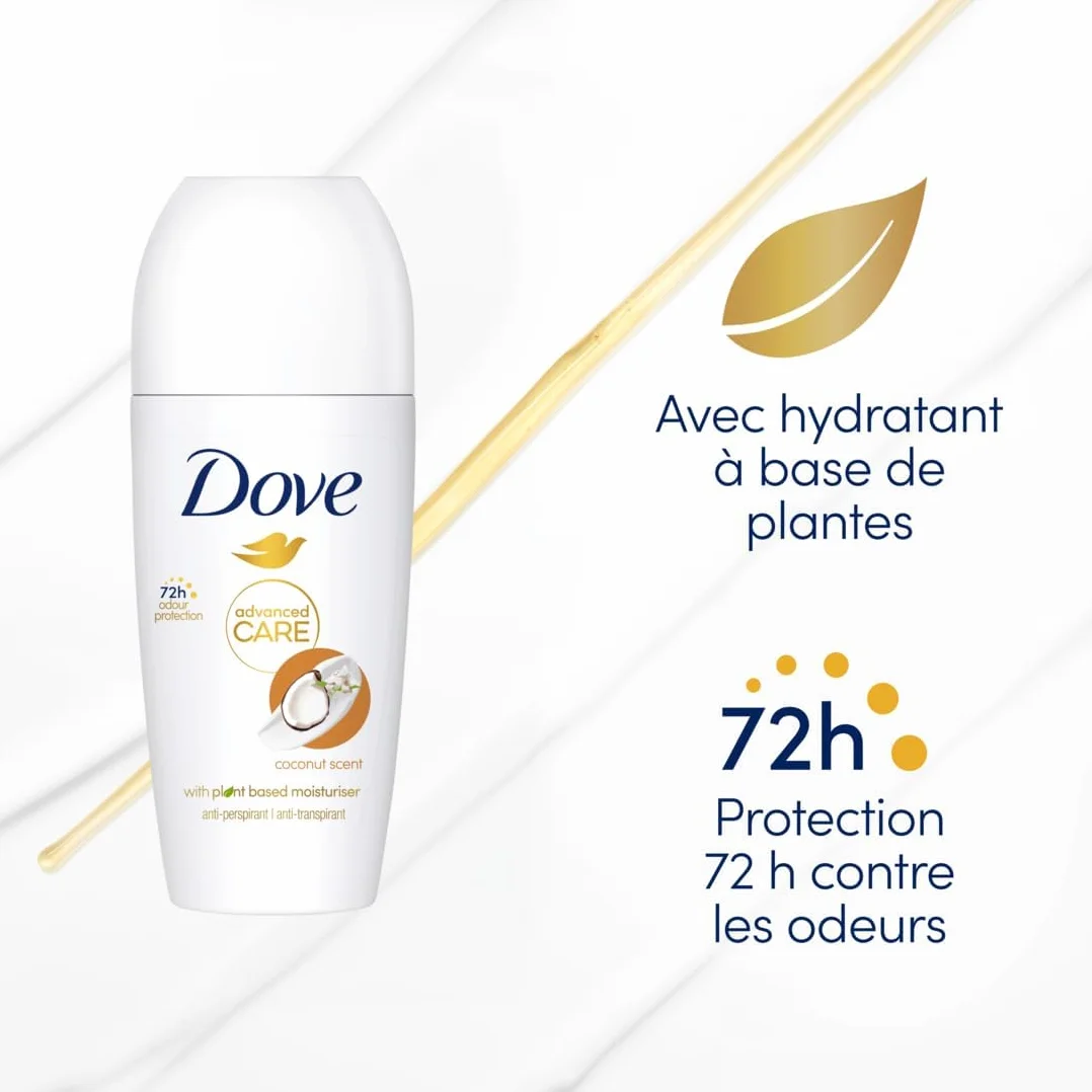 DOVE Déodorant Bille Anti-Transpirant Advanced Care - Noix de Coco - Soin quotidien des aisselles - 72h de protection contre la transpiration - lot de 6x50ml