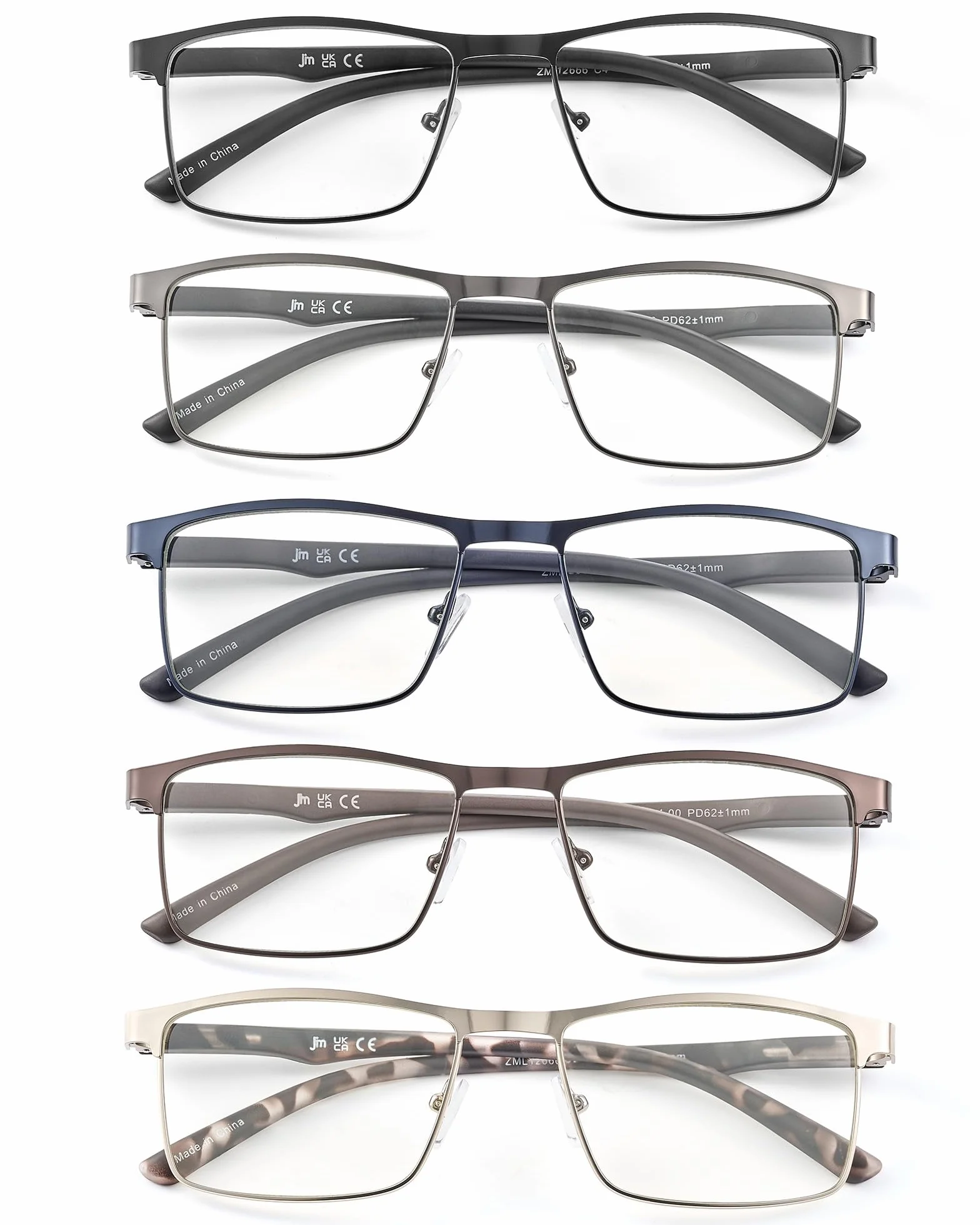 Lunettes de Lecture Homme Anti Lumiere Bleue Rectangulaire Metal Acier Inoxydable 5 Paires