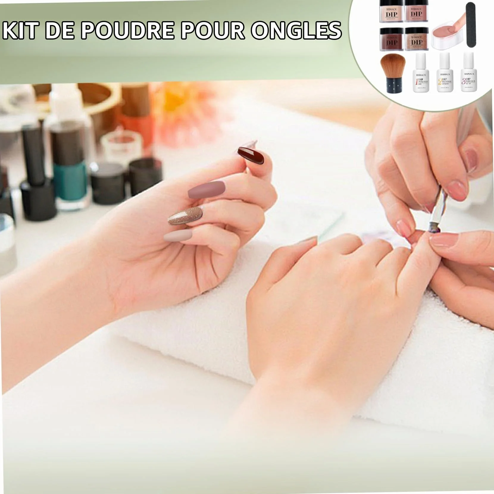 Kit de poudre de trempette 10pcs / ensemble, poudre trempette à 4 couleurs avec activateur base / couche finition, kits d'ongles pour bricolage, marron
