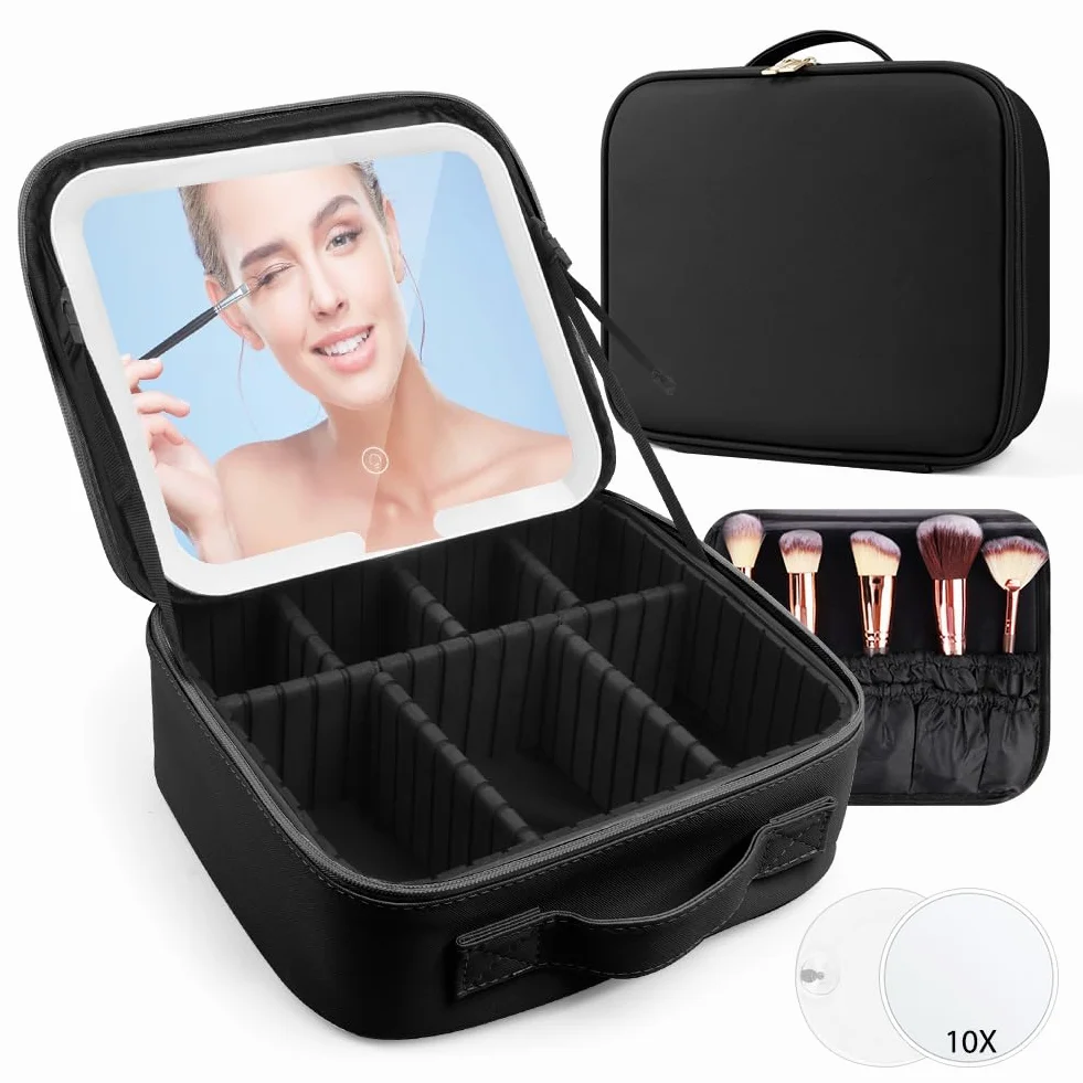 Trousse de Maquillage avec Miroir Lumière LED 3 Couleurs, Séparateurs Réglables, Voyage Portable Grande Capacité, Noir