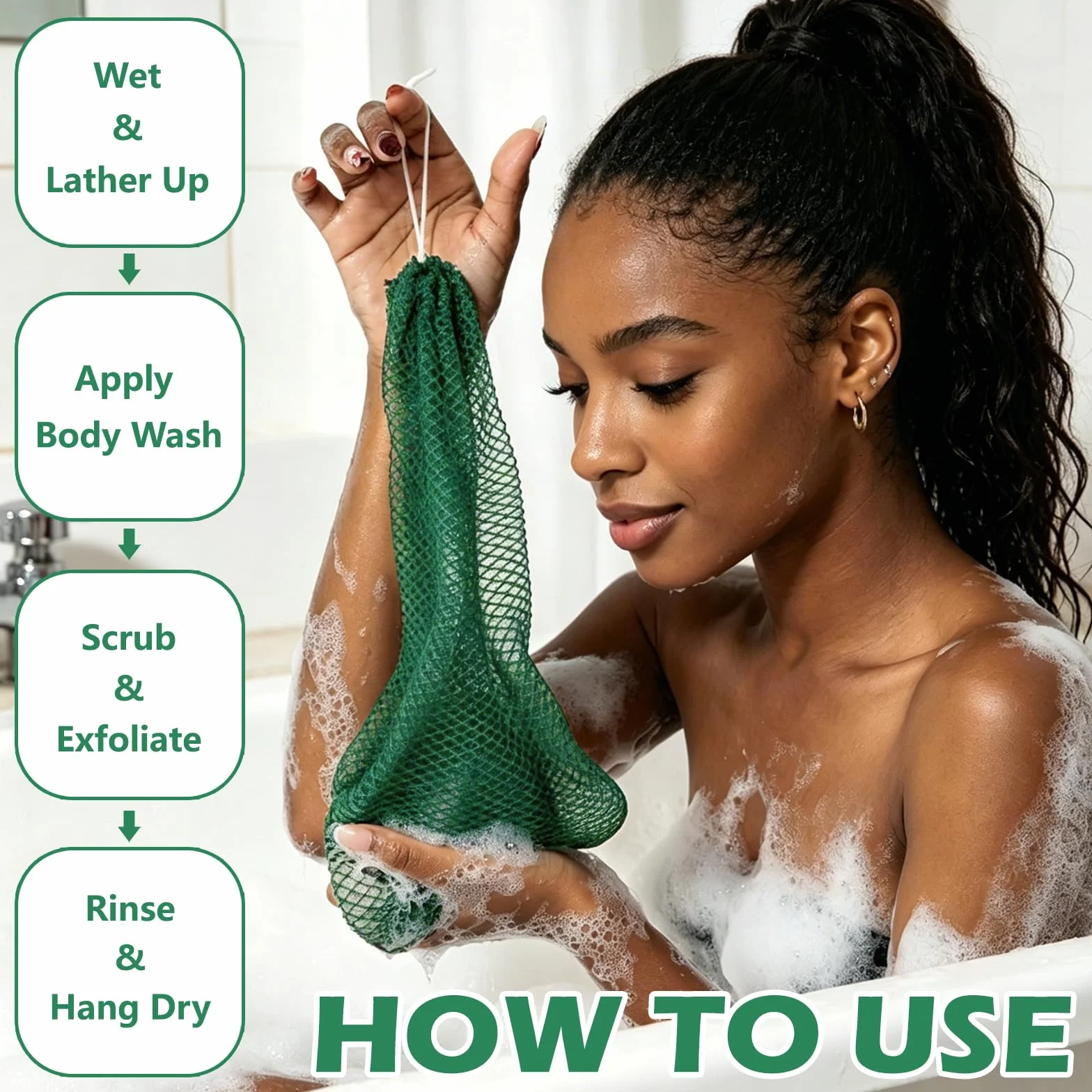 Filet de Douche Africain Éponge à Séchage Rapide Net Sponge avec Cordes pour Gommage Corps Doux Vert foncé