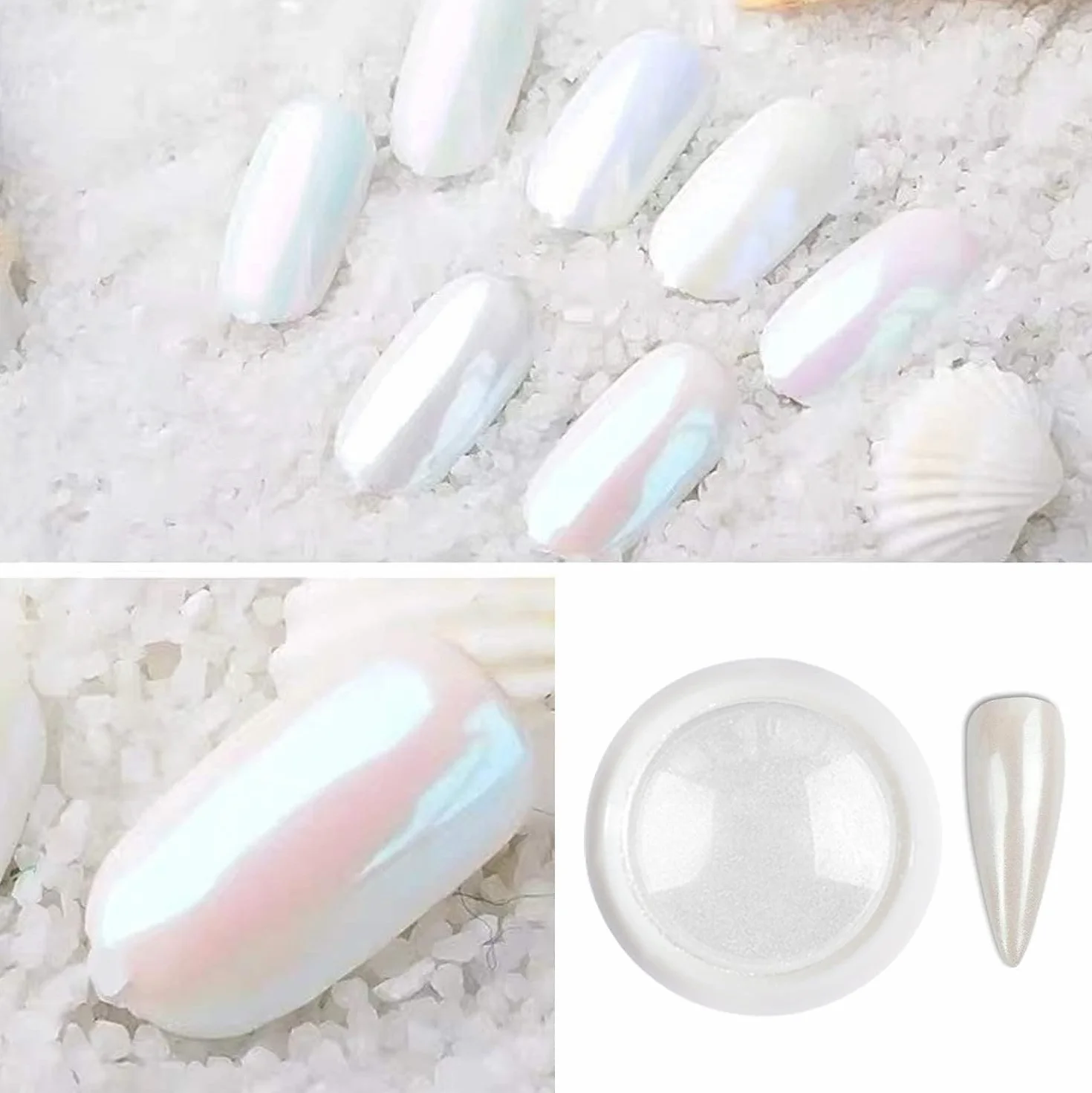 Poudre Chrome Ongle Blanc - 6 Boîtes Aurora Schimmer Poudre Ongle Effet Perle, Pigment Paillettes pour Nail Art