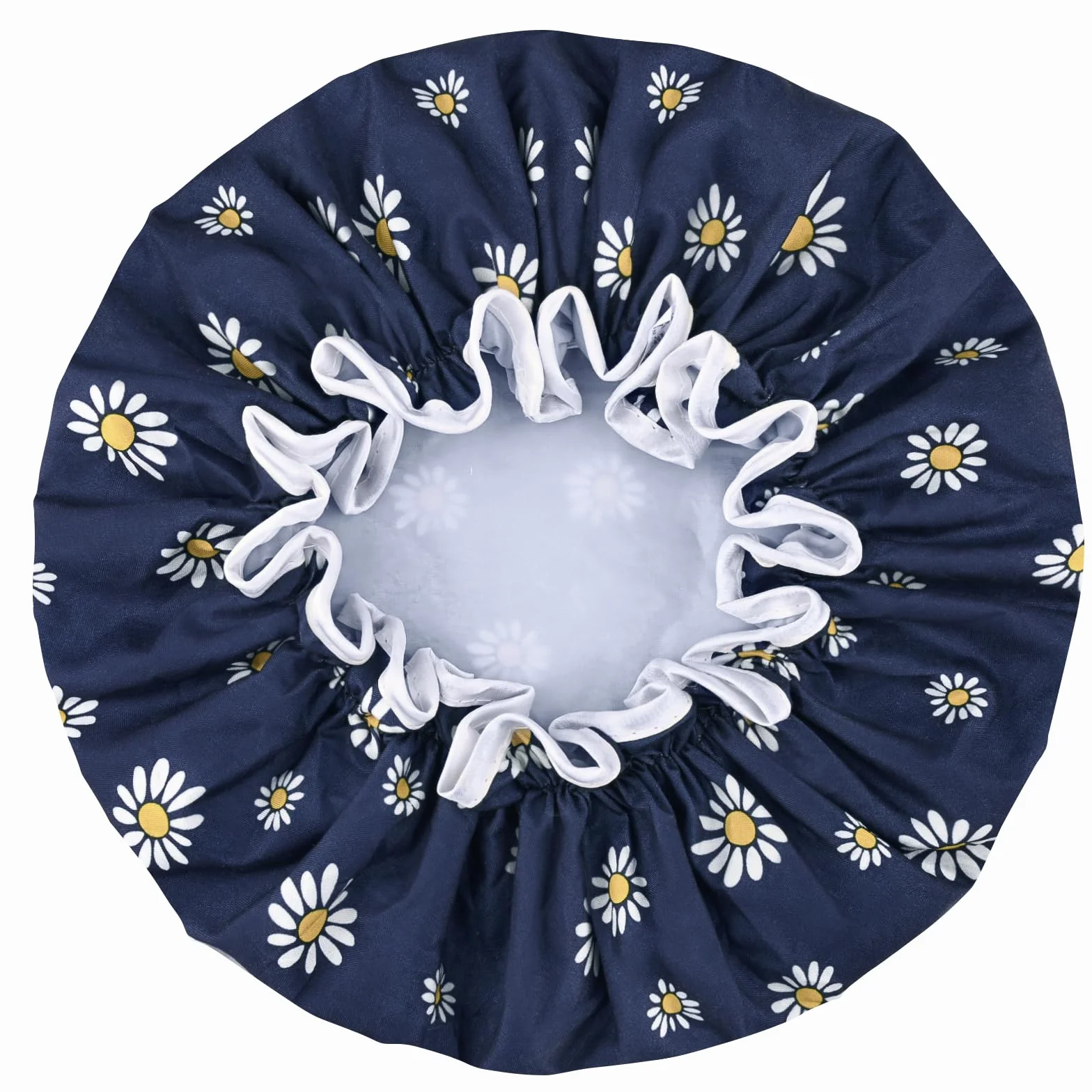 Bonnet de douche imperméable double couche pour femme motif floral unique réutilisable Marguerite Bleu Foncé