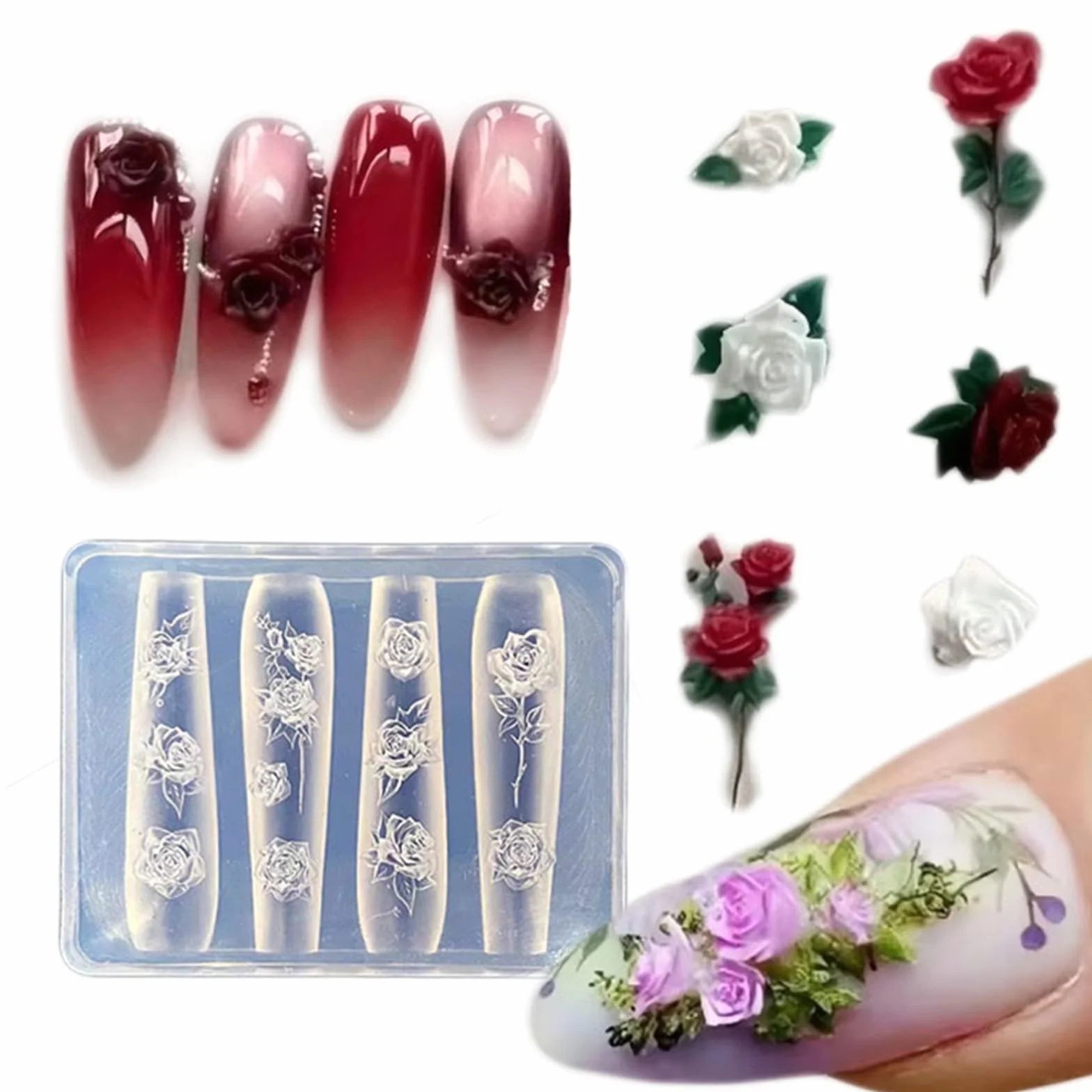 Moule multifonction en silicone transparent pour sculpter des ongles en résine florale 3D