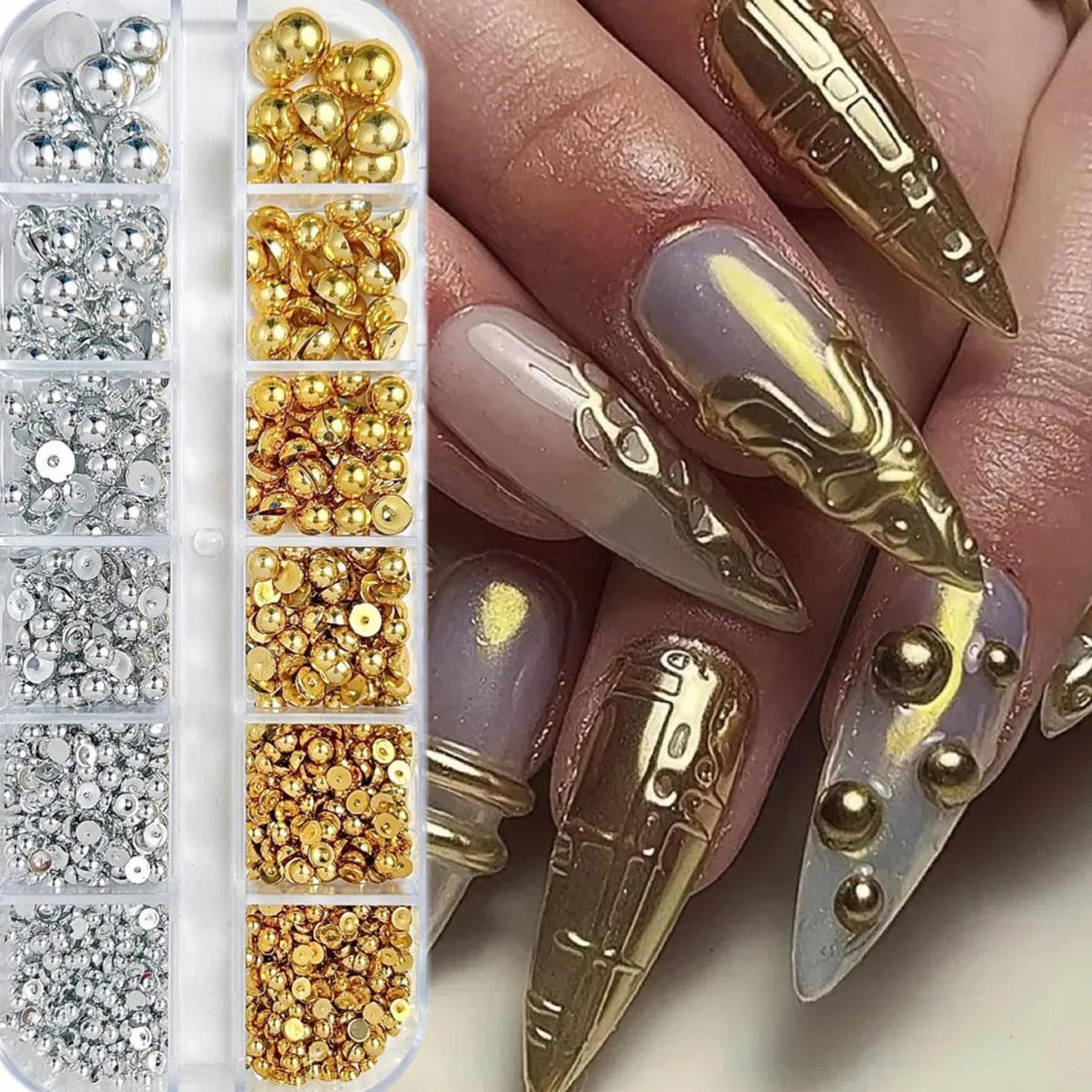 Boîte 3D Flatback Perle Ongle Argent et Or, Demi-Rondes Métal Nail Art