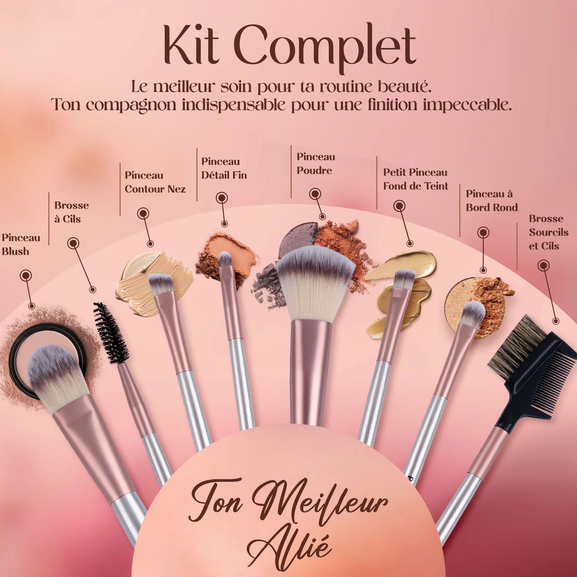 PORTENTUM Pinceaux maquillage Lot de 18 avec étui de voyage Kabuki fibre synthétique fond de teint
