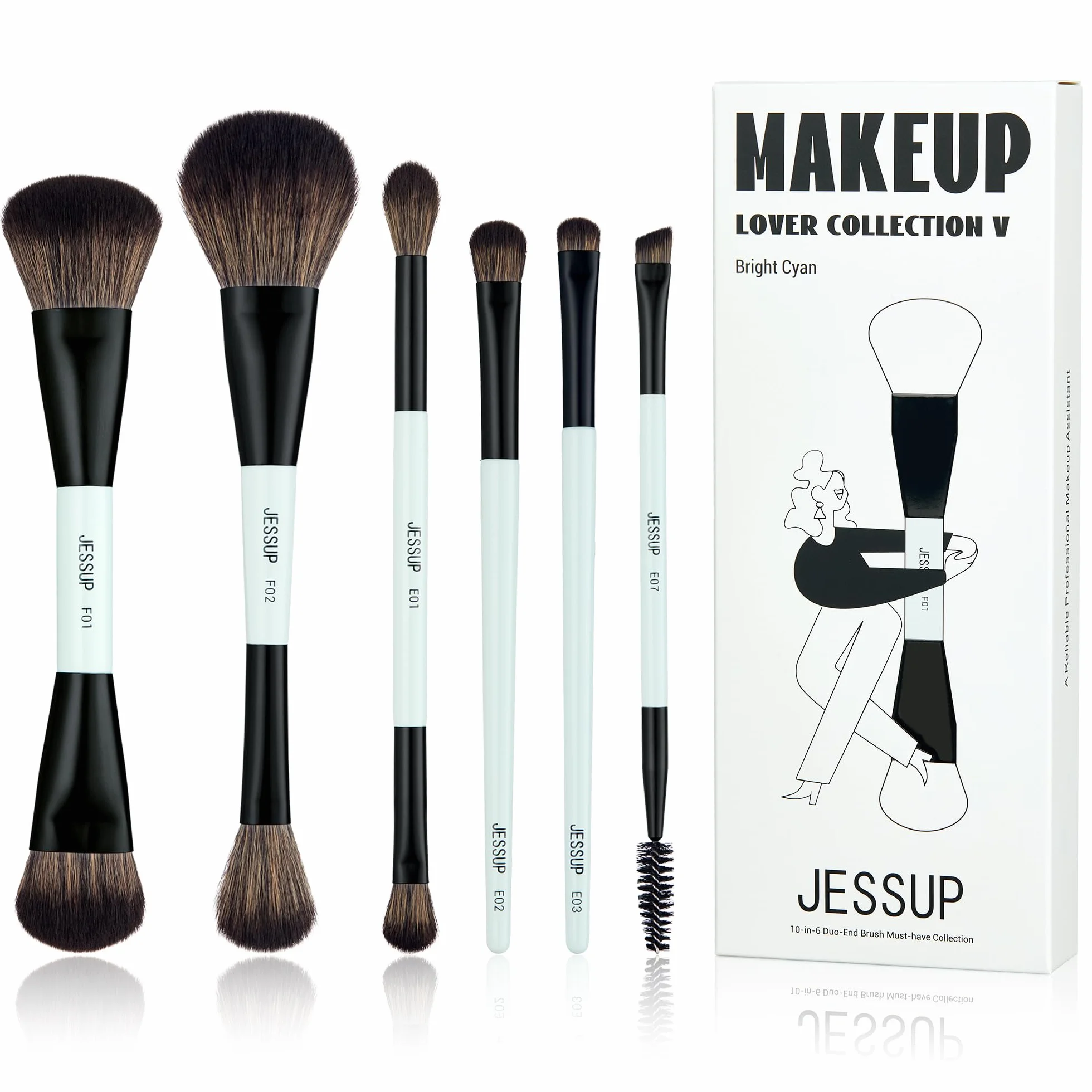 Jessup Pinceaux Maquillages Lot de 6pcs Double Embout Pinceau de Maquillage Visage et Yeux Pinceau Fond de Teint,Fard à Paupières,Contour,Rougir,Souligner,Mélange,Sourcil Brosse,Cyan Vif T501