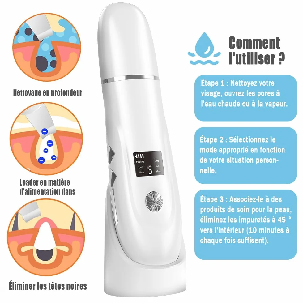 Pinkiou Épurateur de Peau, Blanc | Spatule Point Noir, 4 modes, Nettoyage en profondeur des pores, Grattoir portable, Station de Charge Type-C