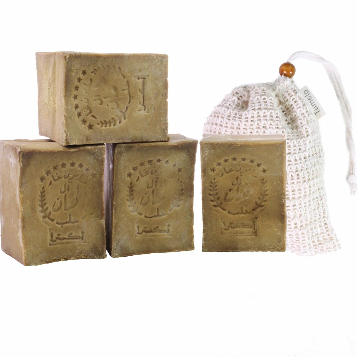 TUMELO Savon d'Alep Original 4 x 200g (800g) 95% d'huile d'olive 5% d'huile de baies de laurier + Sac de Salvon - Savon naturel - Savon solide pour les cheveux/Savon de douche