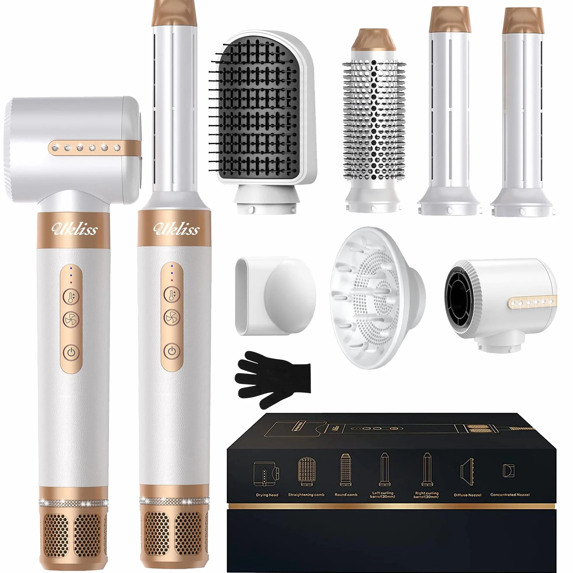 UKLISS Sèche Cheveux Air Styler Pro 7 en 1 1400W Professionnel Boucleur Automatique Fer Lisser Brosse Soufflante Blanc