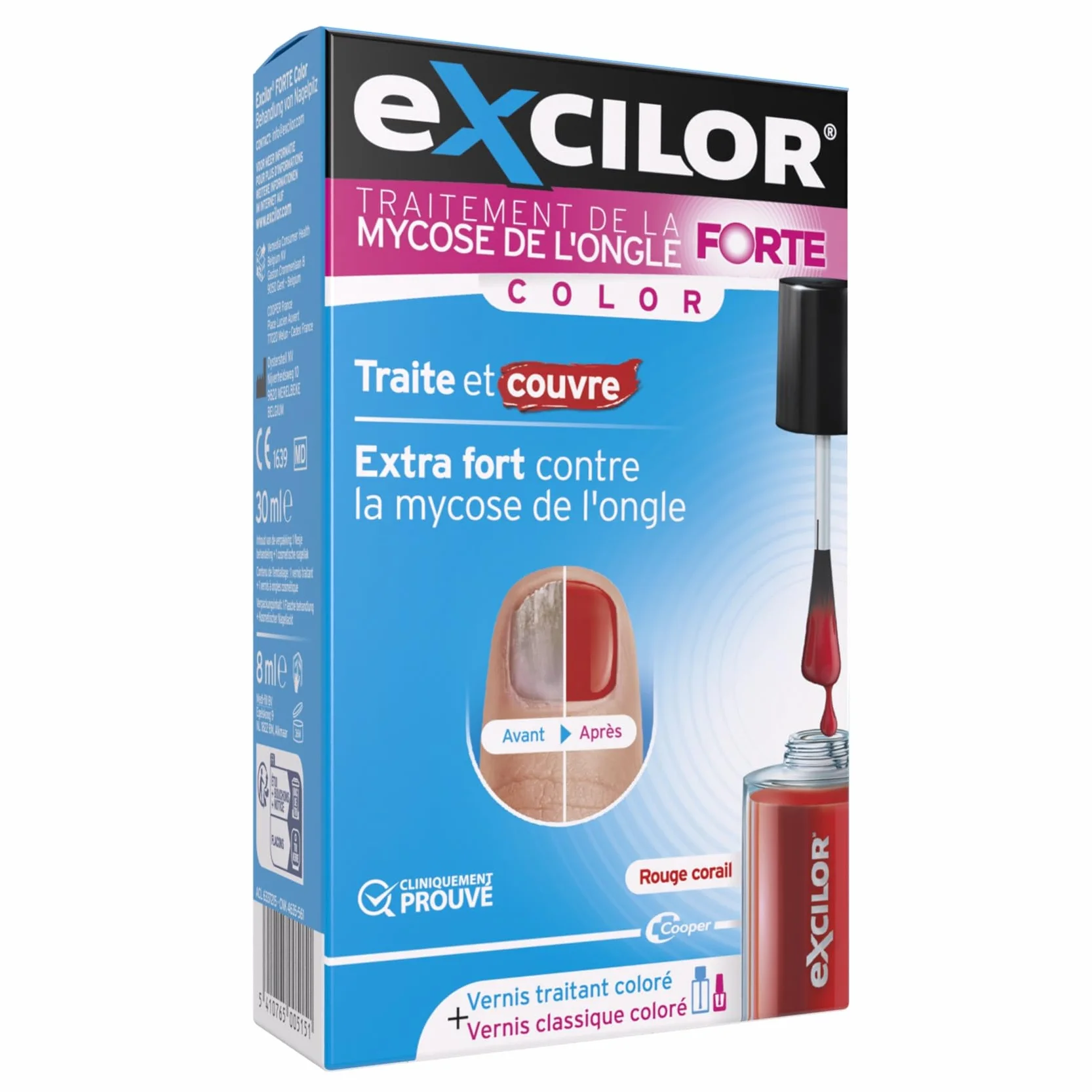 EXCILOR - Forte Color - Traitement de la Mycose De l’Ongle - Traite & Couvre - Traitement 30ml + Vernis à Ongle cosmétique 8ml - Cliniquement Prouvé* - Rouge Corail