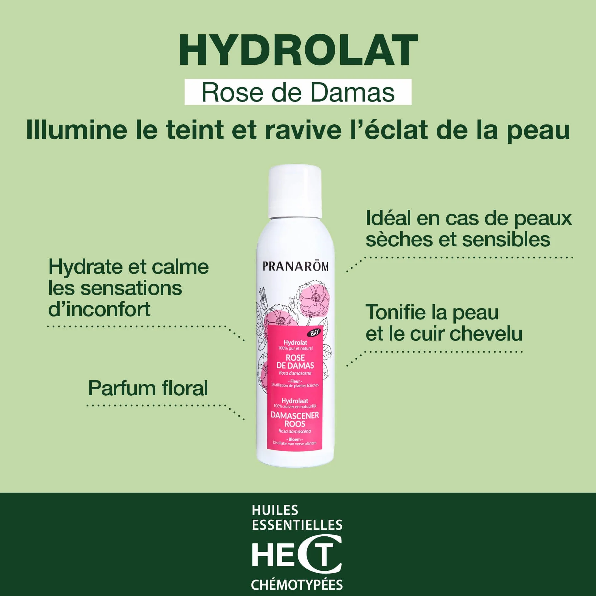 PRANARÔM Eau Florale de Rose de Damas BIO Hydrolat 100% Pur et Naturel 150 ML