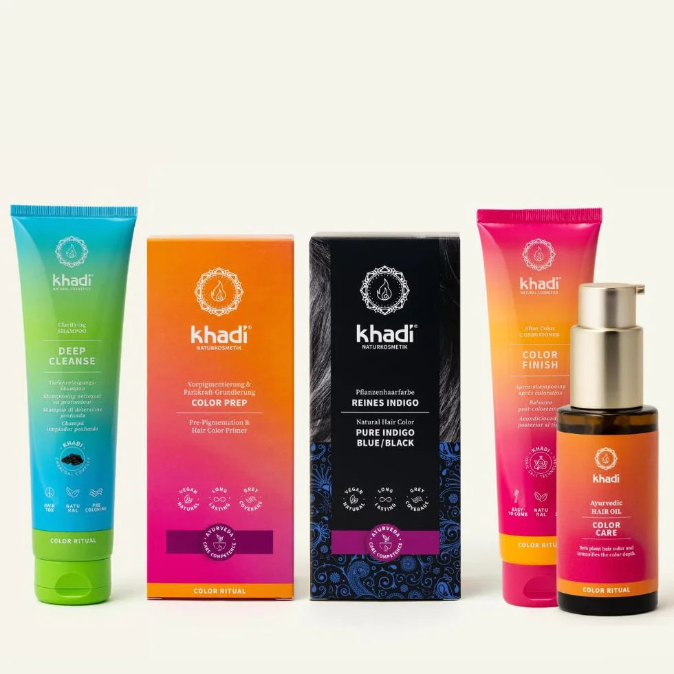 Kit complet khadi ColorCycle COLOR PREP Coloration végétale + DEEP CLEANSE Shampooing clarifiant + FINISH Après-shampooing après coloration + CARE Huile capillaire Ayurvédique