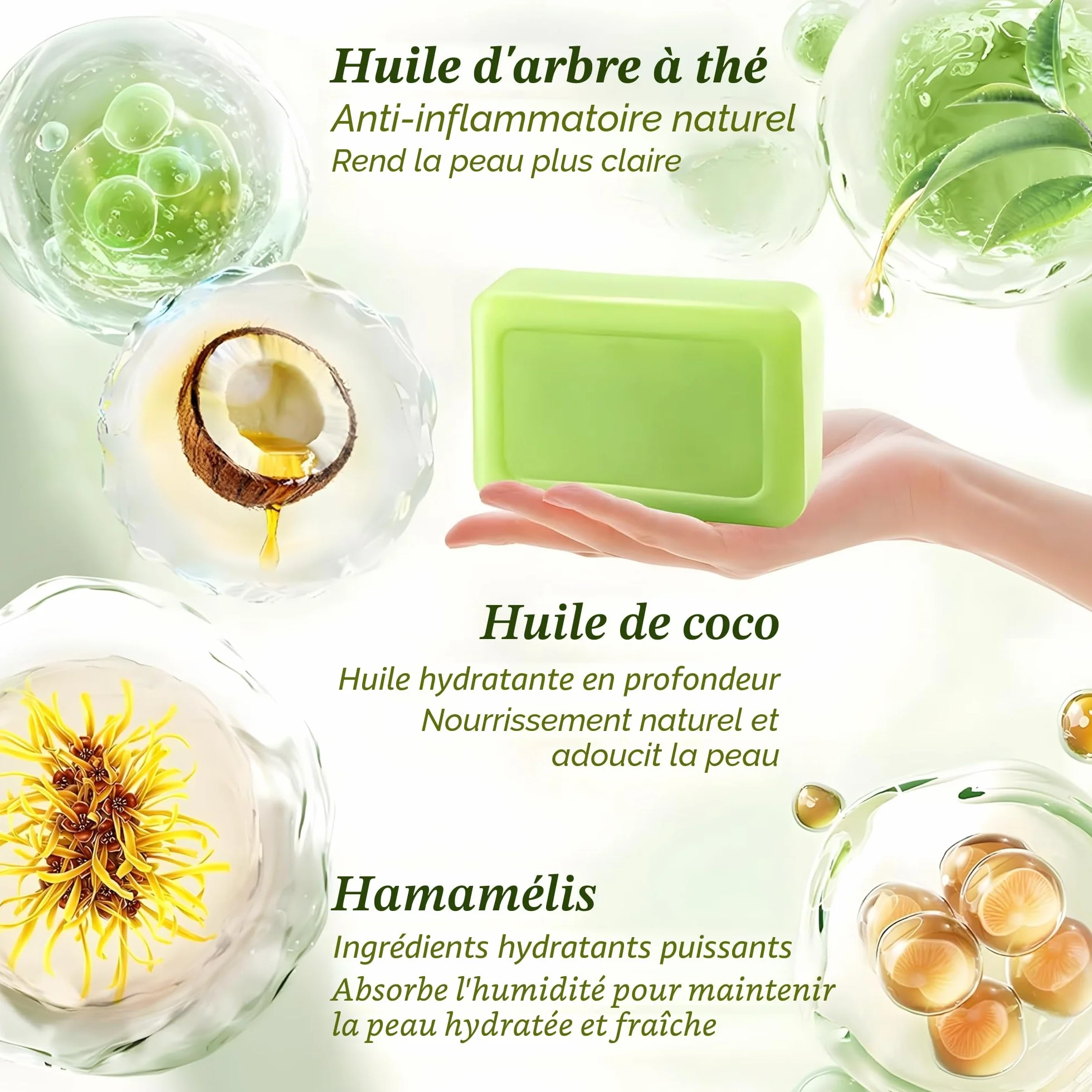 Savon à l’huile d’arbre à thé – Lot de 3, purifiant visage et corps, peaux à imperfections, nettoyage en profondeur