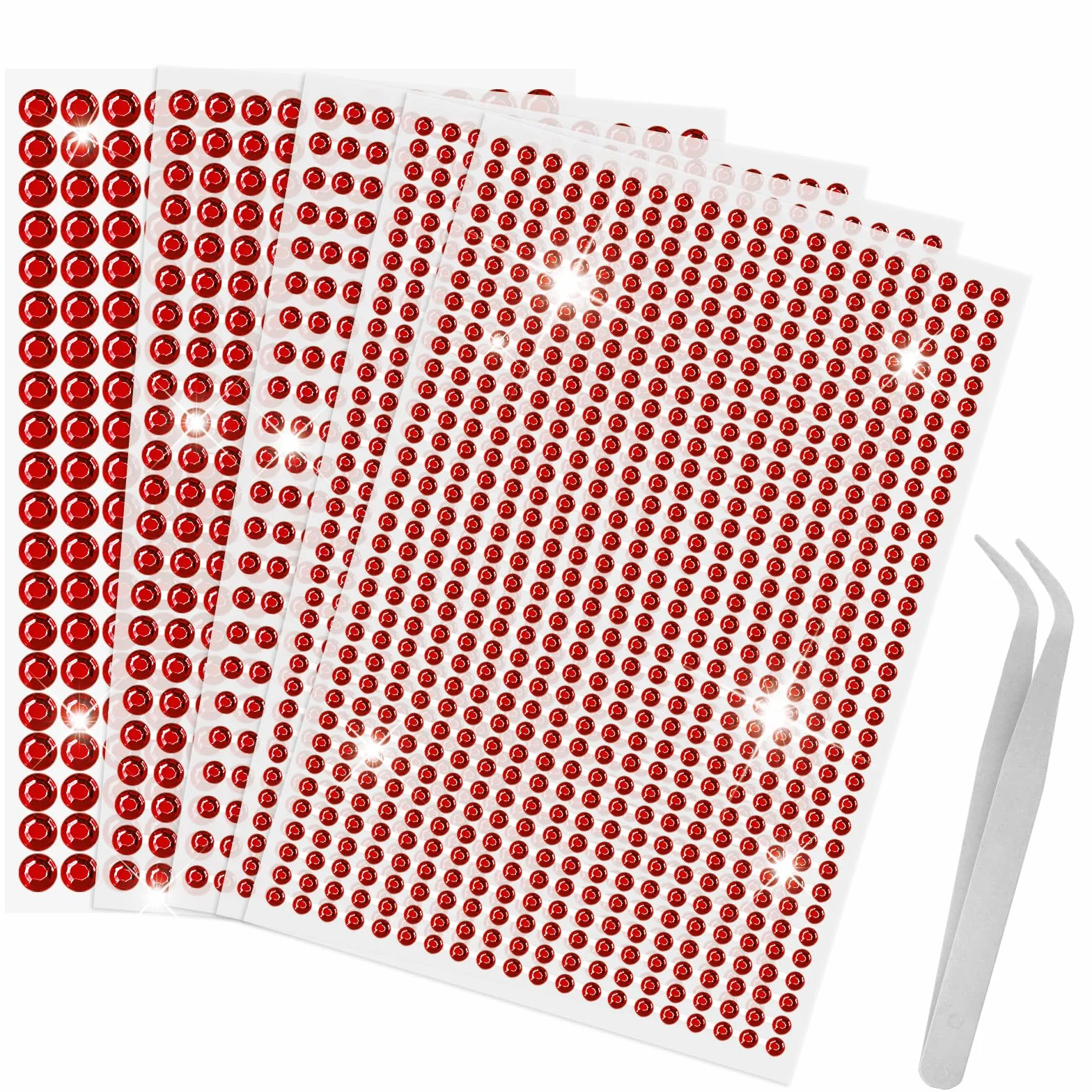 Strass Autocollant Visage 2542 Pcs, 5 Feuilles Strass Adhesif Rond 3/4/5/6mm Rouge pour DIY Body Maquillage Décoration