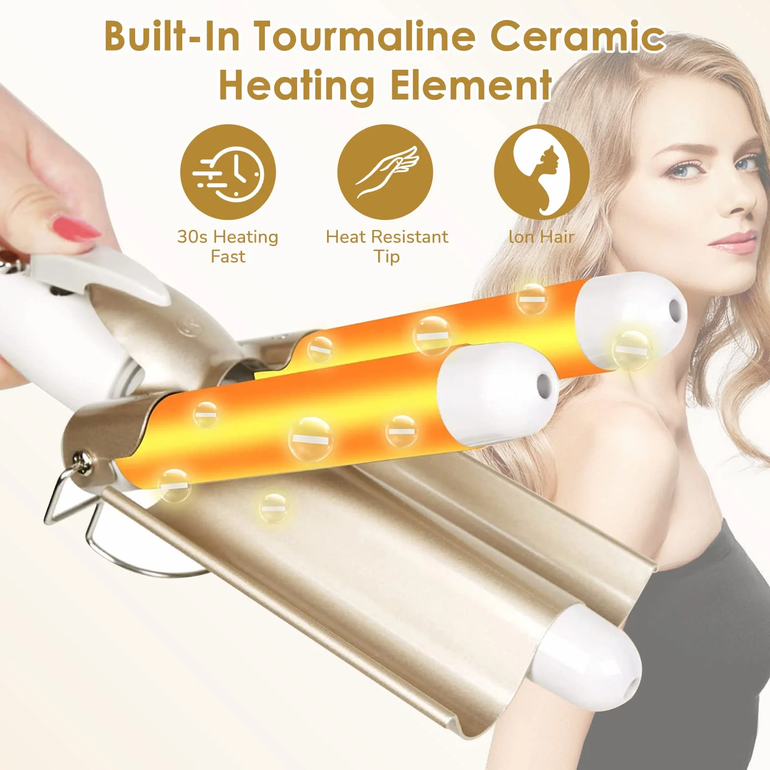 Fer à Boucler,22mm Fer à onduler 3Tete,En Céramique Cheveux Bouclés Barils Cheveux Wavy,2 Réglages Température,Fer à Friser pour Cheveux Long Courts Avec 2clips et un gant(Blanc)