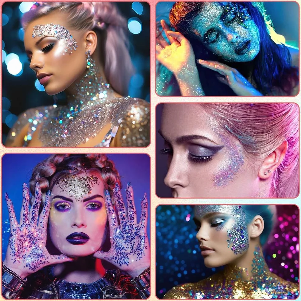 Gel Paillettes Visage 6PCS 25g Paillette Cheveux Corps Liquide Cosmétique Lèvres Ongles Festival Fête Maquillage Décoration