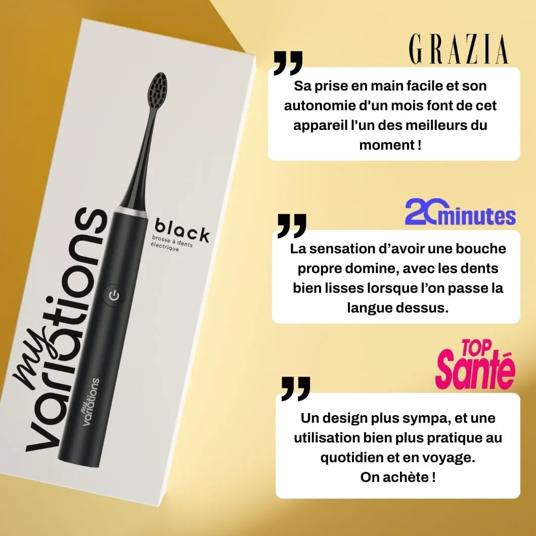 Brosse à Dents Électrique Sonique Noire Autonomie 1 Mois 5 Modes USB-C