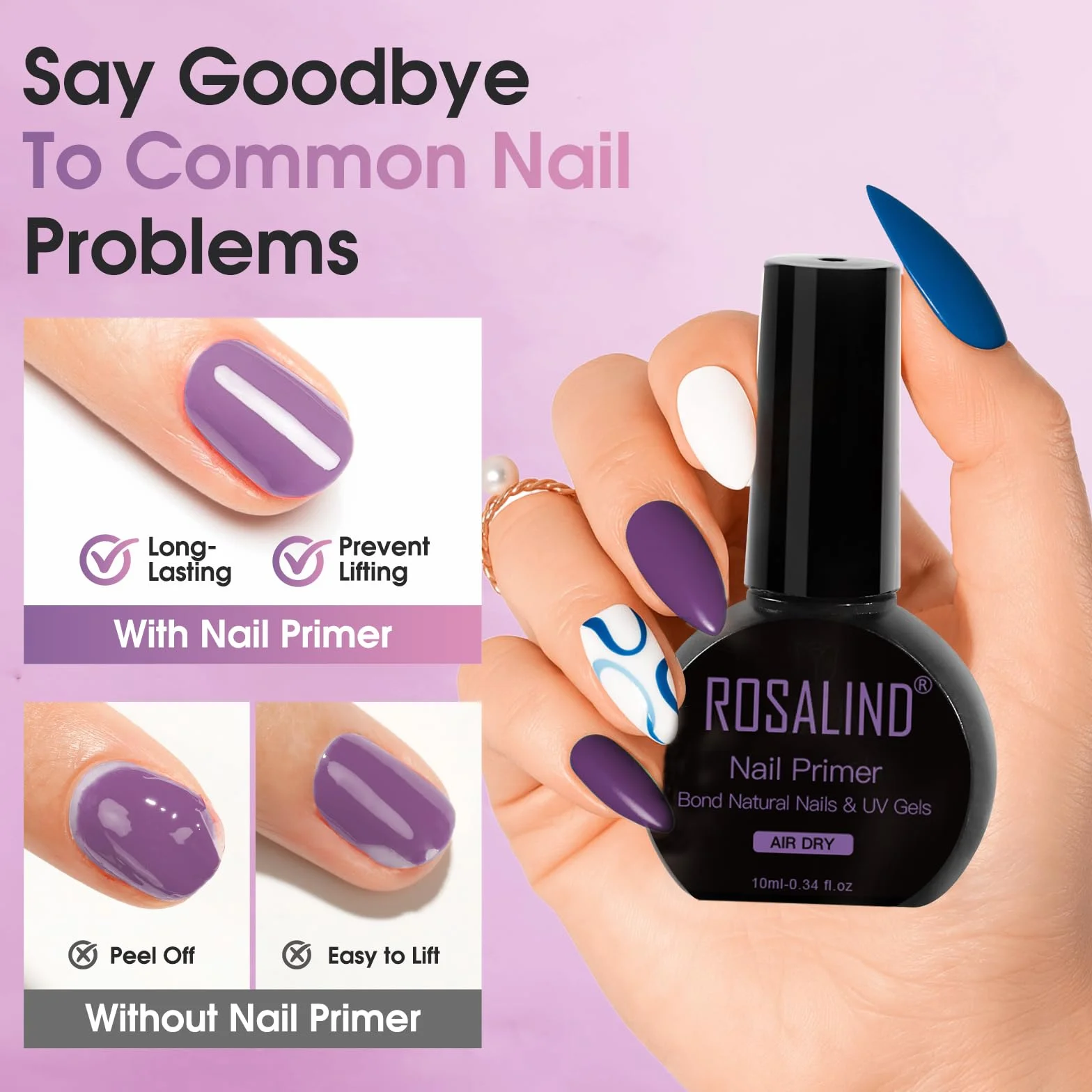 ROSALIND Nail Primer Déshydrateur Set 2x10ml Semi Permanent Vernis UV LED