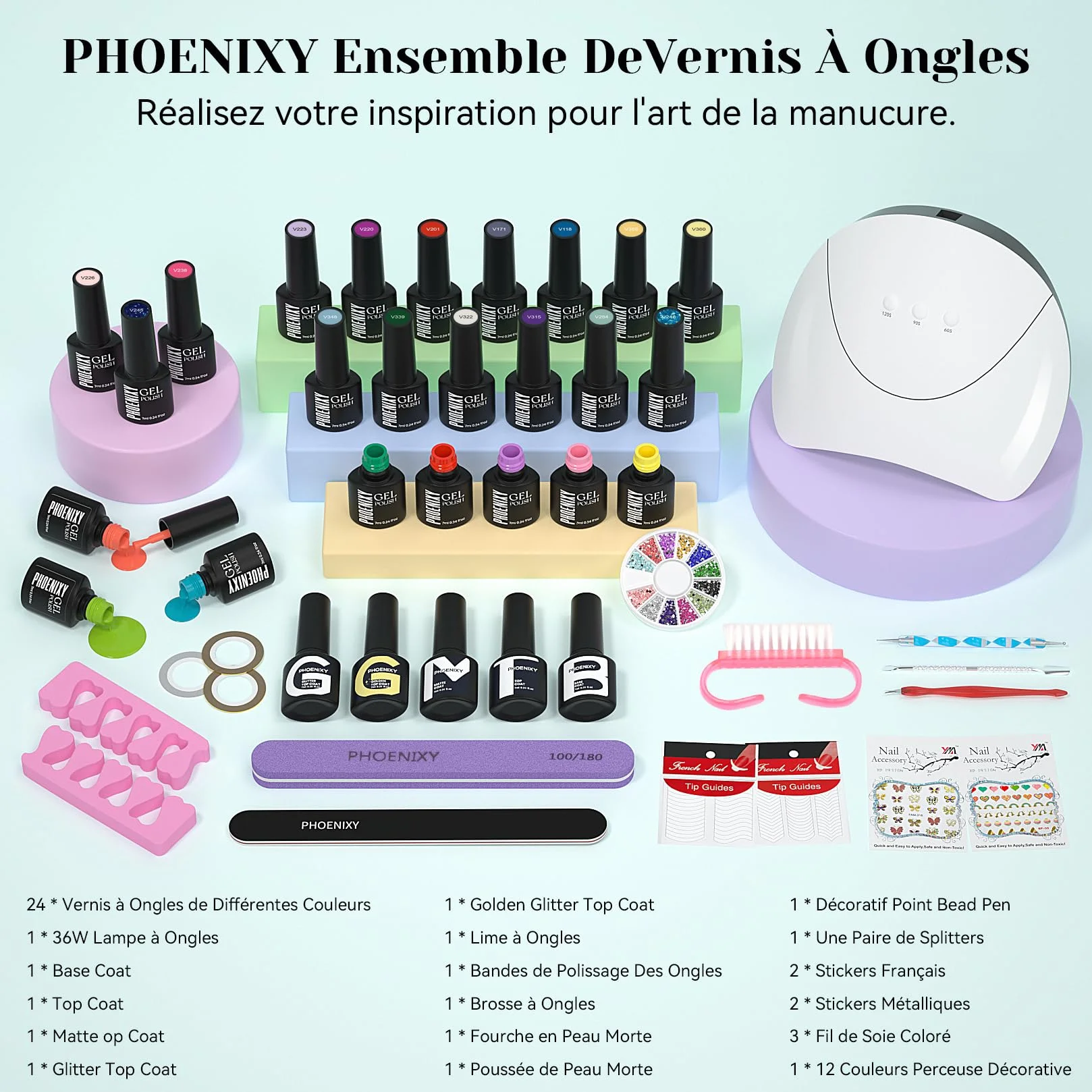 Kit Ongle Gel UV Complet Lampe UV 24 Couleurs Vernis Semi Permanent Base Top Coat