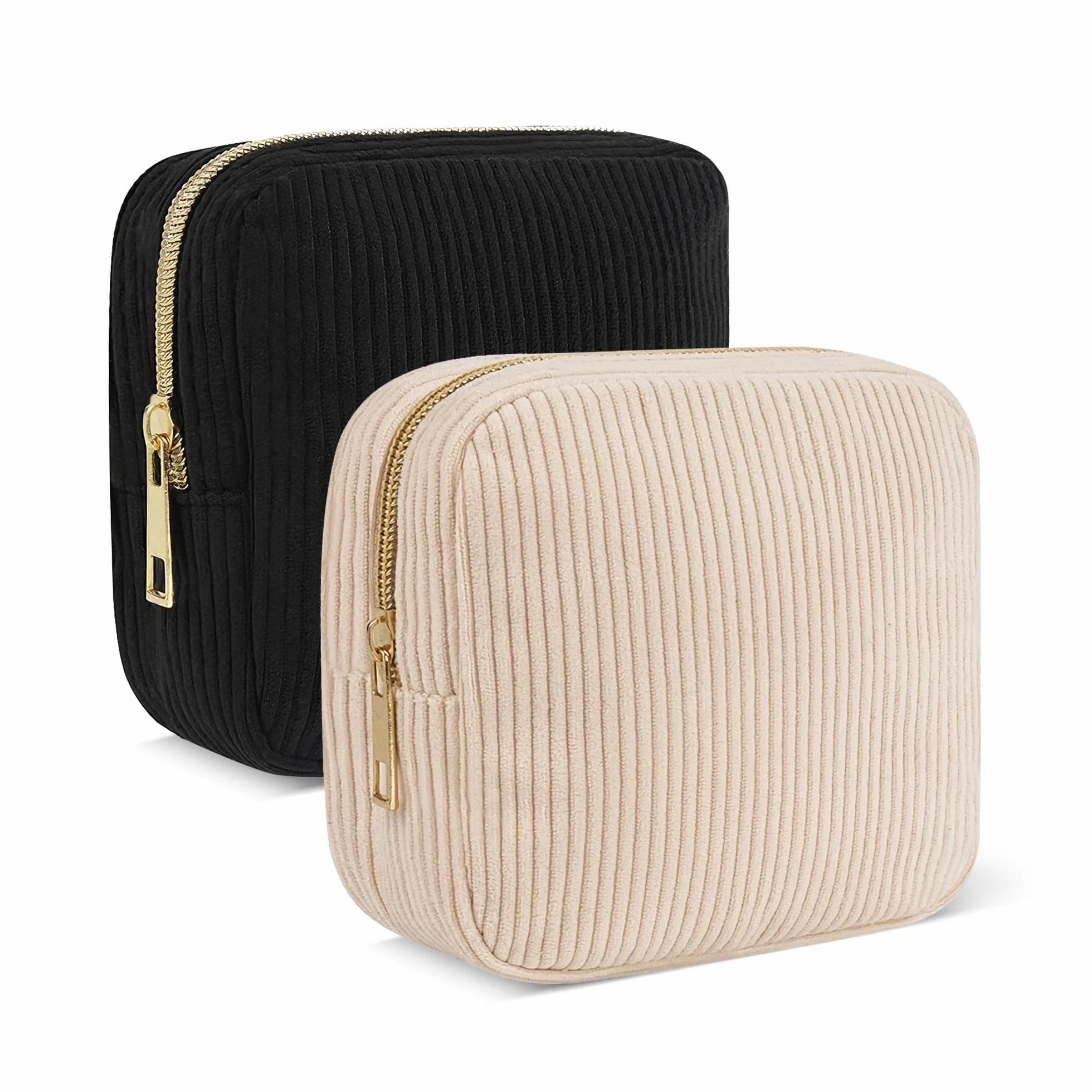 NANDADEVI Sac de Rangement en Velours côtelé, Trousse de Maquillage Portable, Résistant à l'humidité, Noir+Blanc cassé, 2pcs