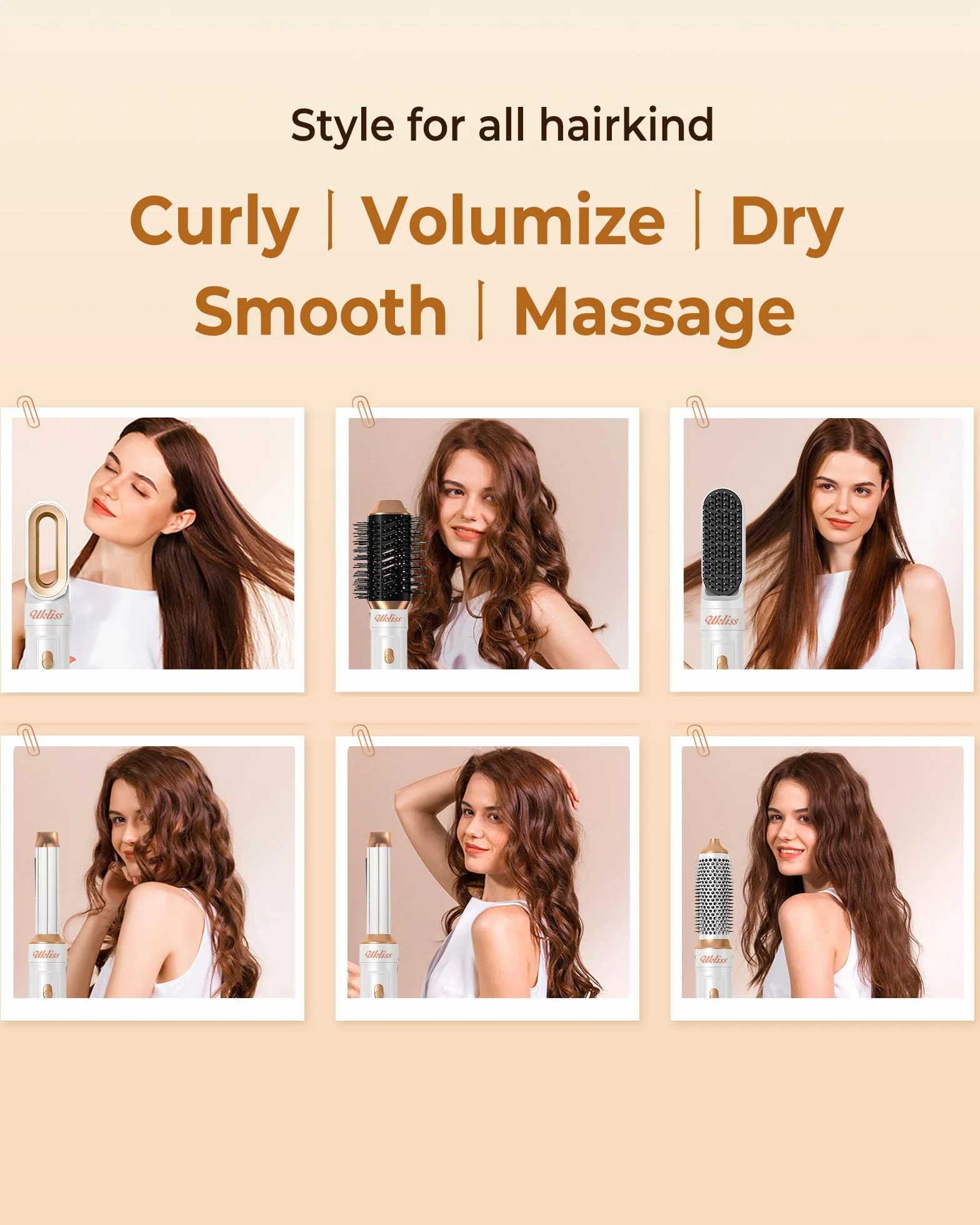 UKLISS Brosse Chauffante Brushing 6 en 1 Hairstyler 1000W Sèche-Cheveux avec Boucleur à Air Blanc Pro