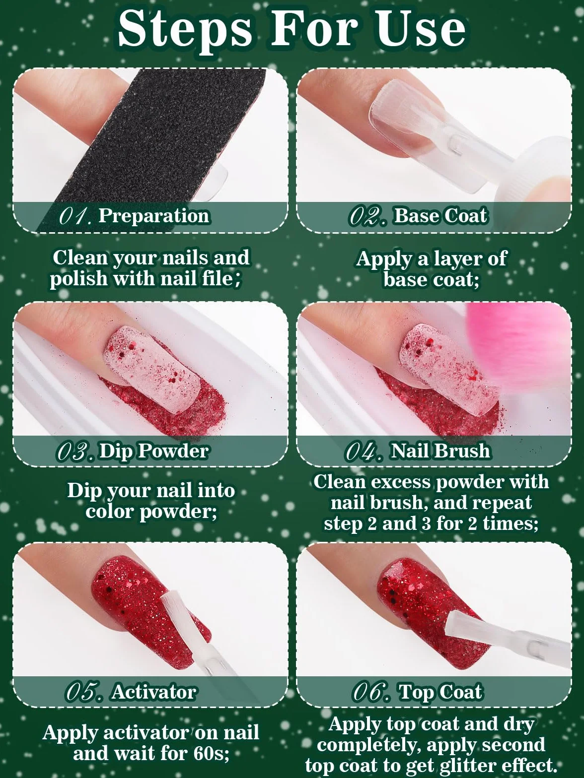 EBANKU Kit Poudre à Tremper Noël 15 pièces 6 couleurs avec Liquide Activateur Base/Couche Finition Brosse Manucure