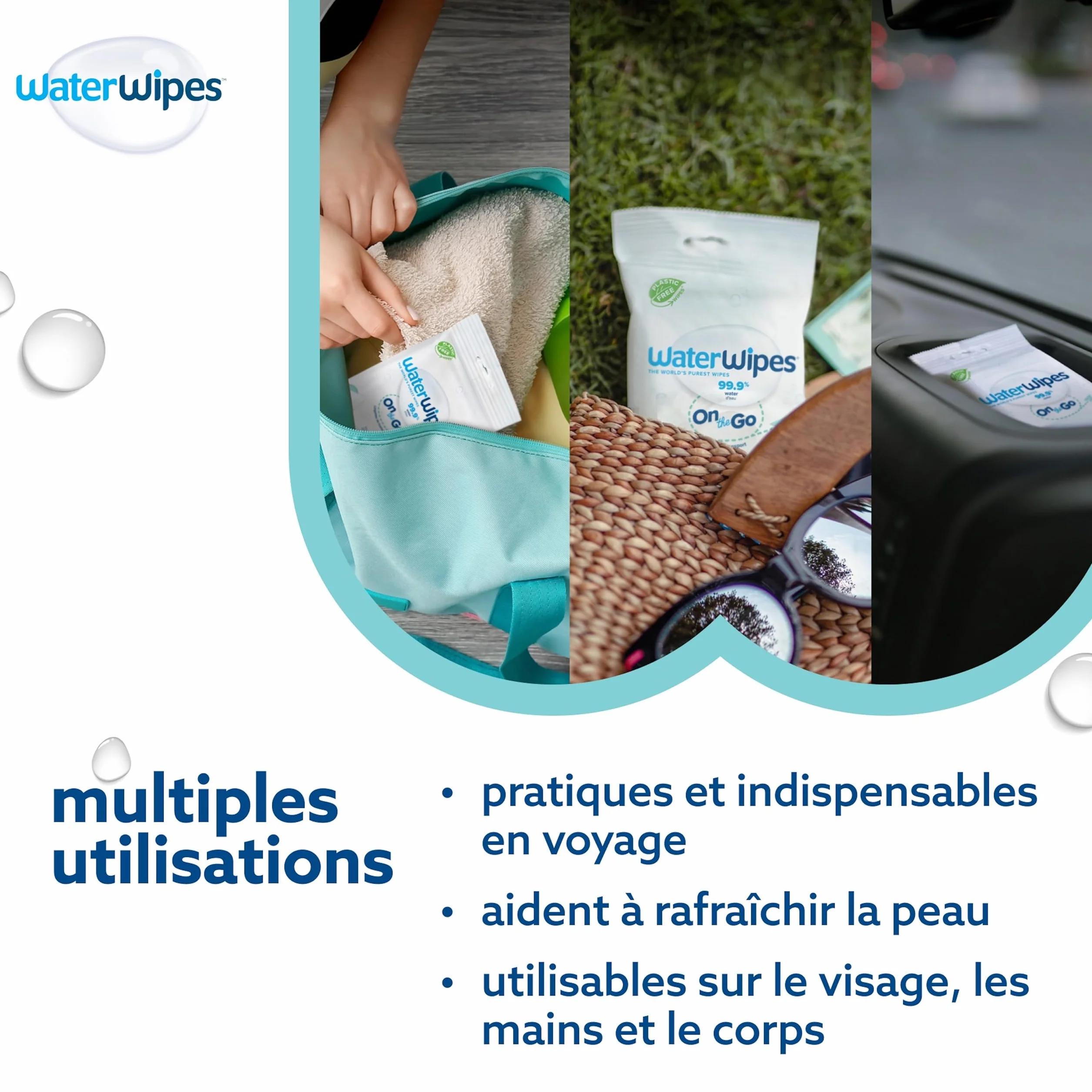 WaterWipes Sensitive+ Lingettes On The Go 224 unités 8 paquets 3-en-1 nettoie soigne protège 99,9% d'eau non parfumées