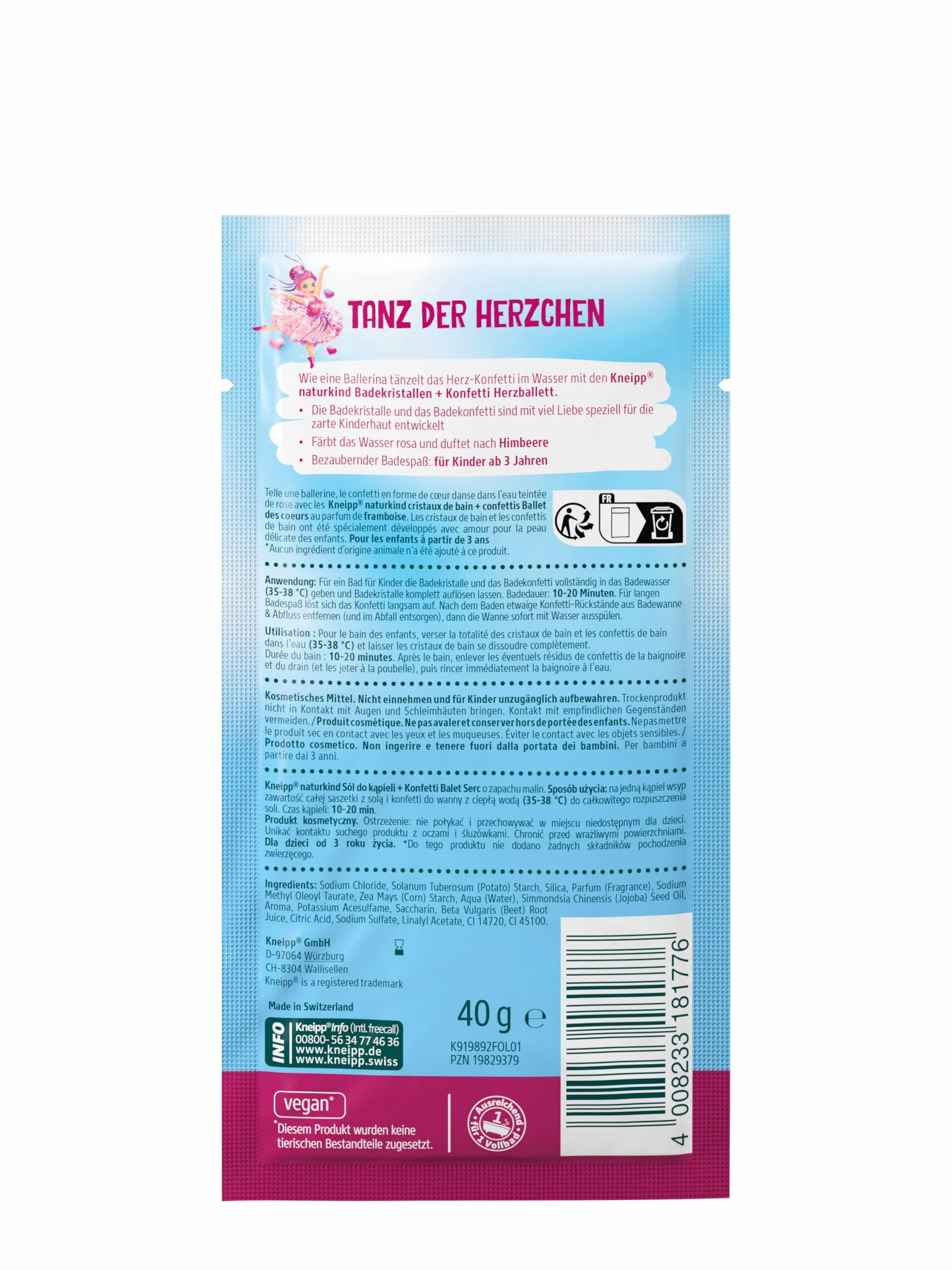 Kneipp naturkind Cristaux de bain + confettis en forme de cœur – Additif de bain avec parfum framboise – Pour peau sensible des enfants – 12 x 40 g