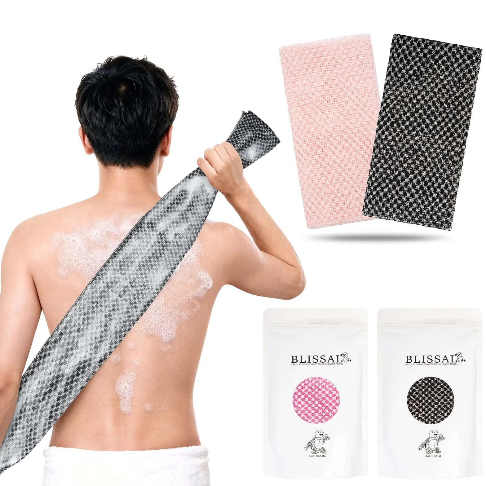 Blissal Lot de 2 serviettes de douche exfoliantes antibactériennes pour peau lisse, rose + noir